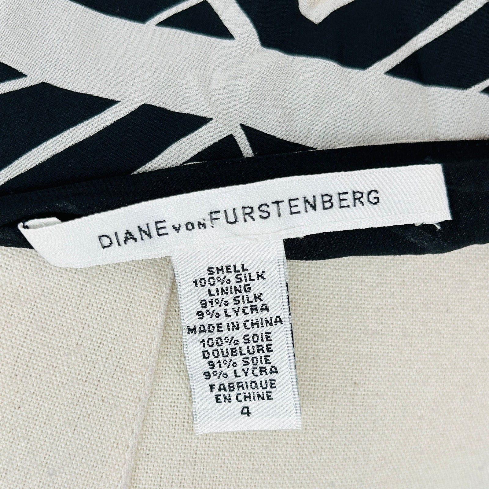 Diane von Furstenberg Black White Geometric Print 100% Silk Mini Dress