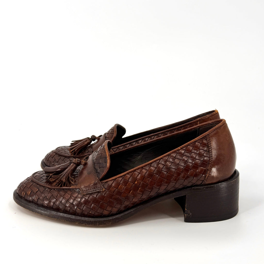Vintage 90s Cole Haan Brown Woven Genuine Leather Tassel Heeled Loafers