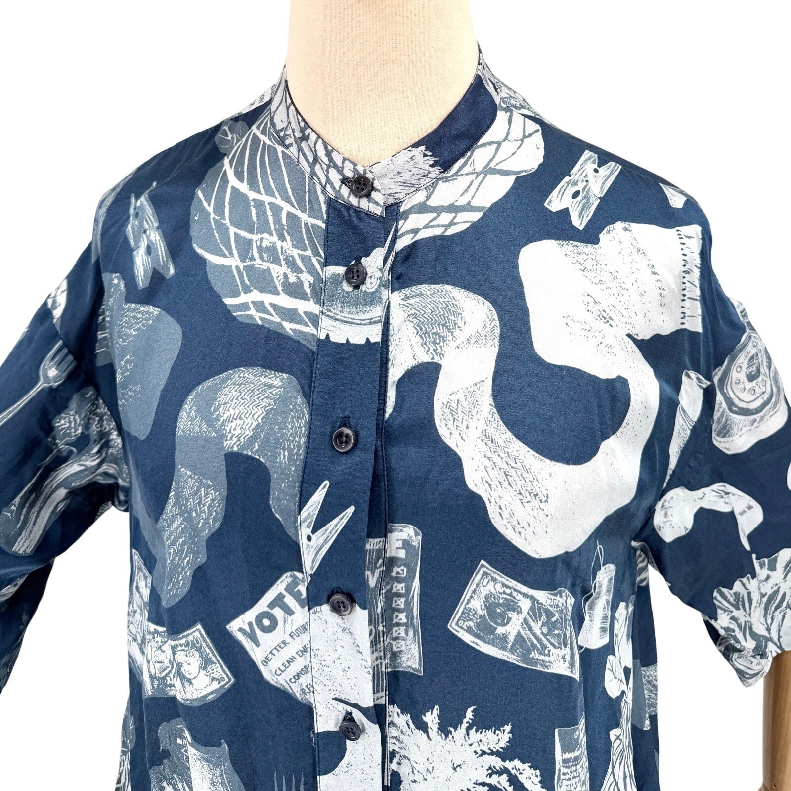 Gung Ho Indigo Blue British Motif Silk Blend Shirt Midi Dress