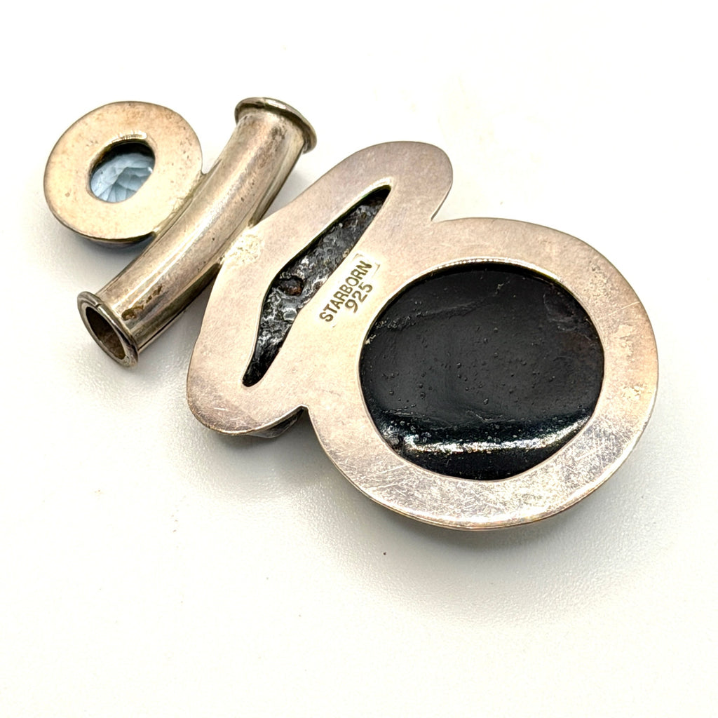 Vintage 90s Starborn Sterling Mother of Pearl Blue Topaz Tektite Slide Pendant