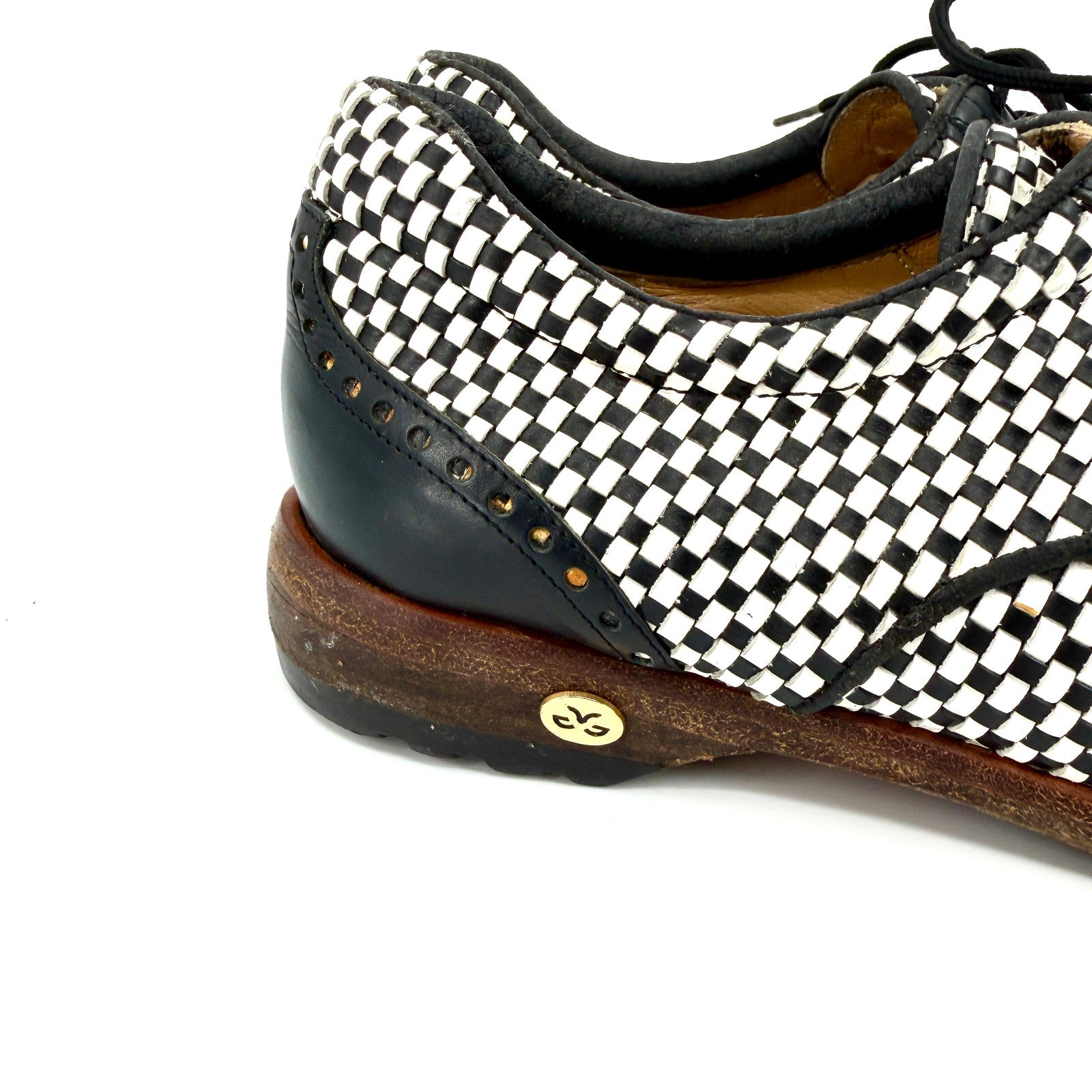 Vintage 90s Walter Genuin Black White Woven Leather Wingtip Golf Shoes