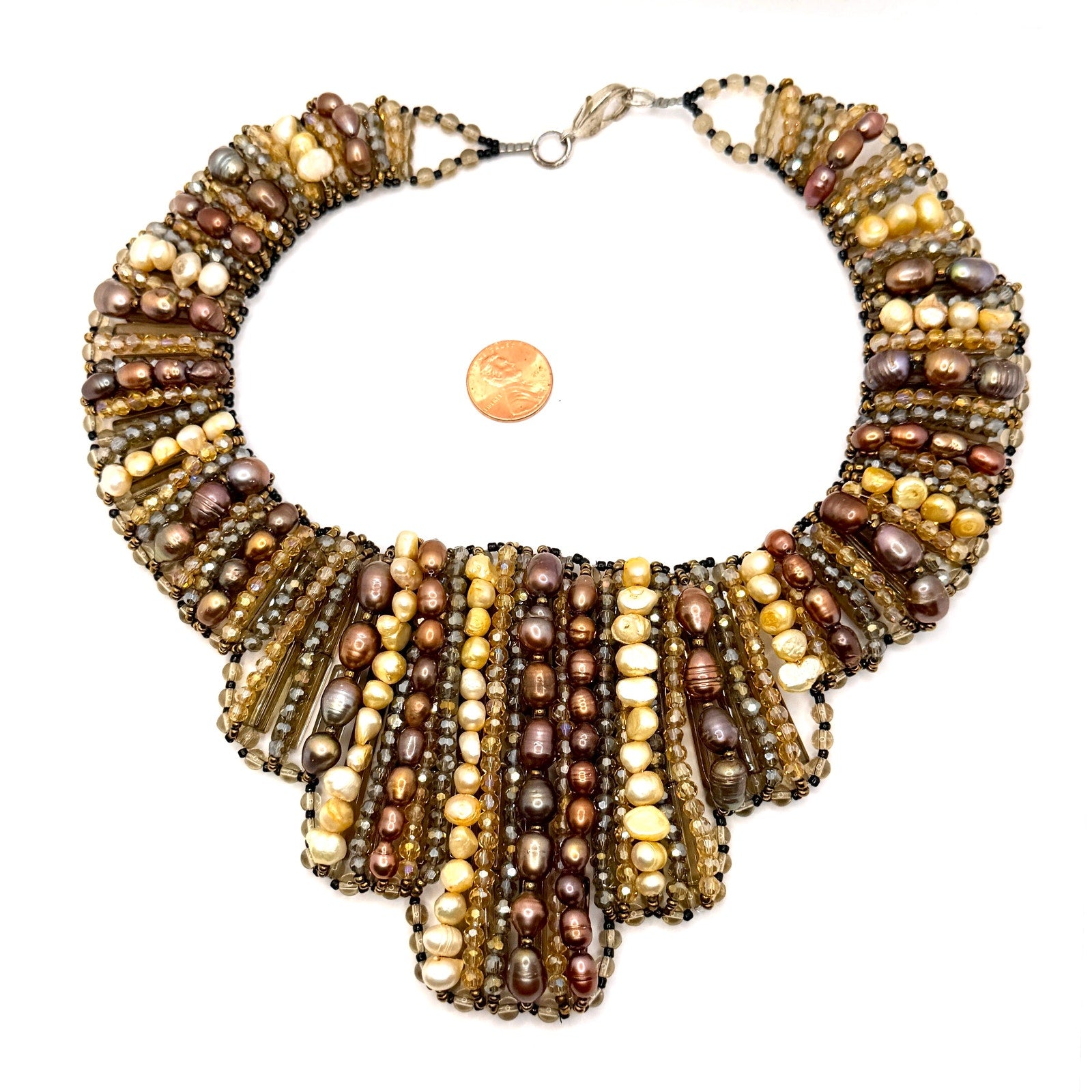 Vintage 90s Multi-Strand Genuine Pearl Glass Bib Statement Necklace