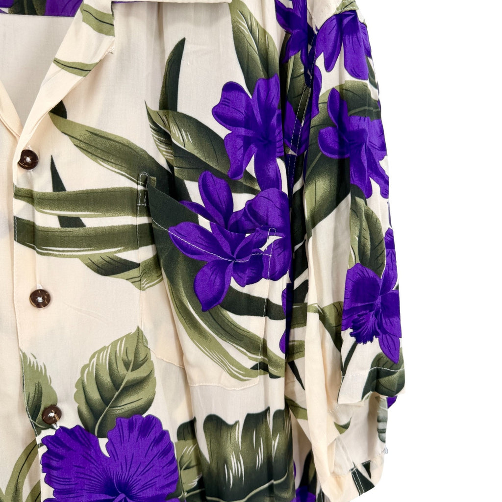 Vintage 90s Favant Purple Cream Tropical Floral Hawaiian Camp Shirt