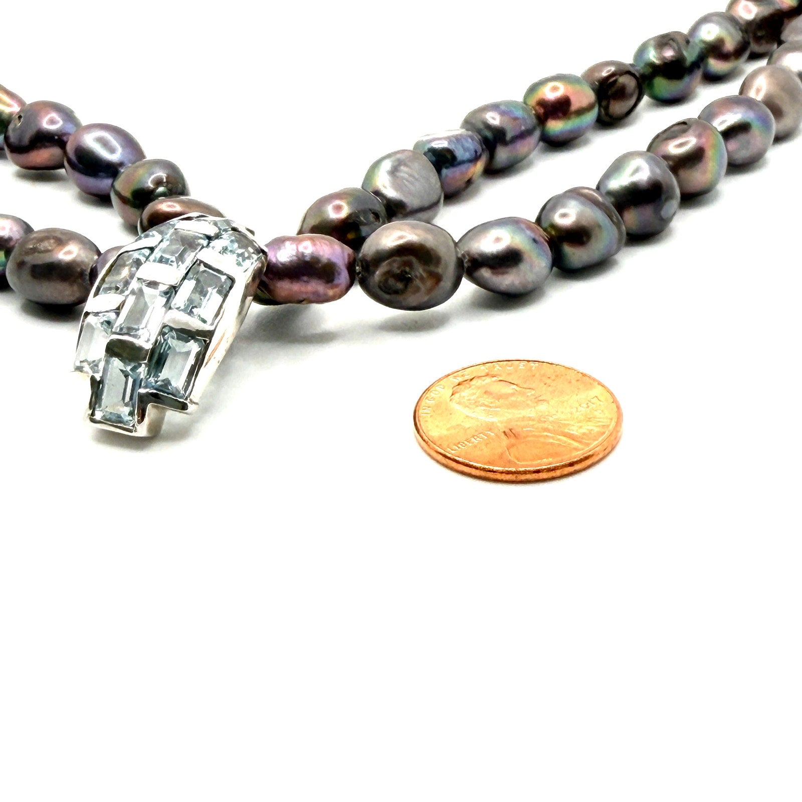 Vintage Y2K Peacock Pearl Blue Topaz Sterling Silver Double Strand Necklace