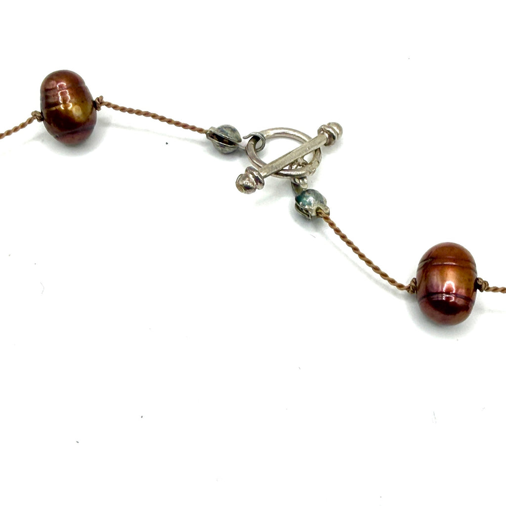 Vintage 90s Brown Baroque Freshwater Pearl Hand Knotted Floating Choker Necklace