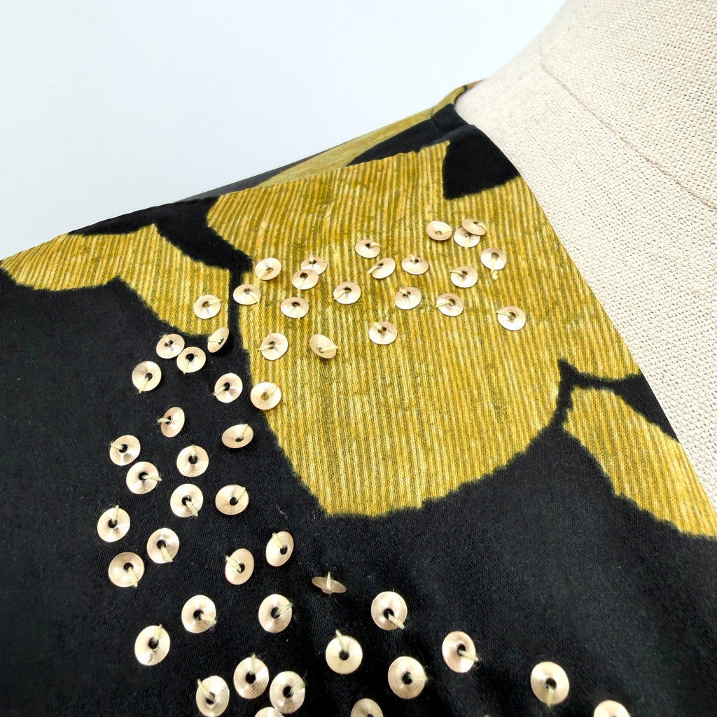 Natori Black Gold Floral Sequin Batwing Kaftan Maxi Dress