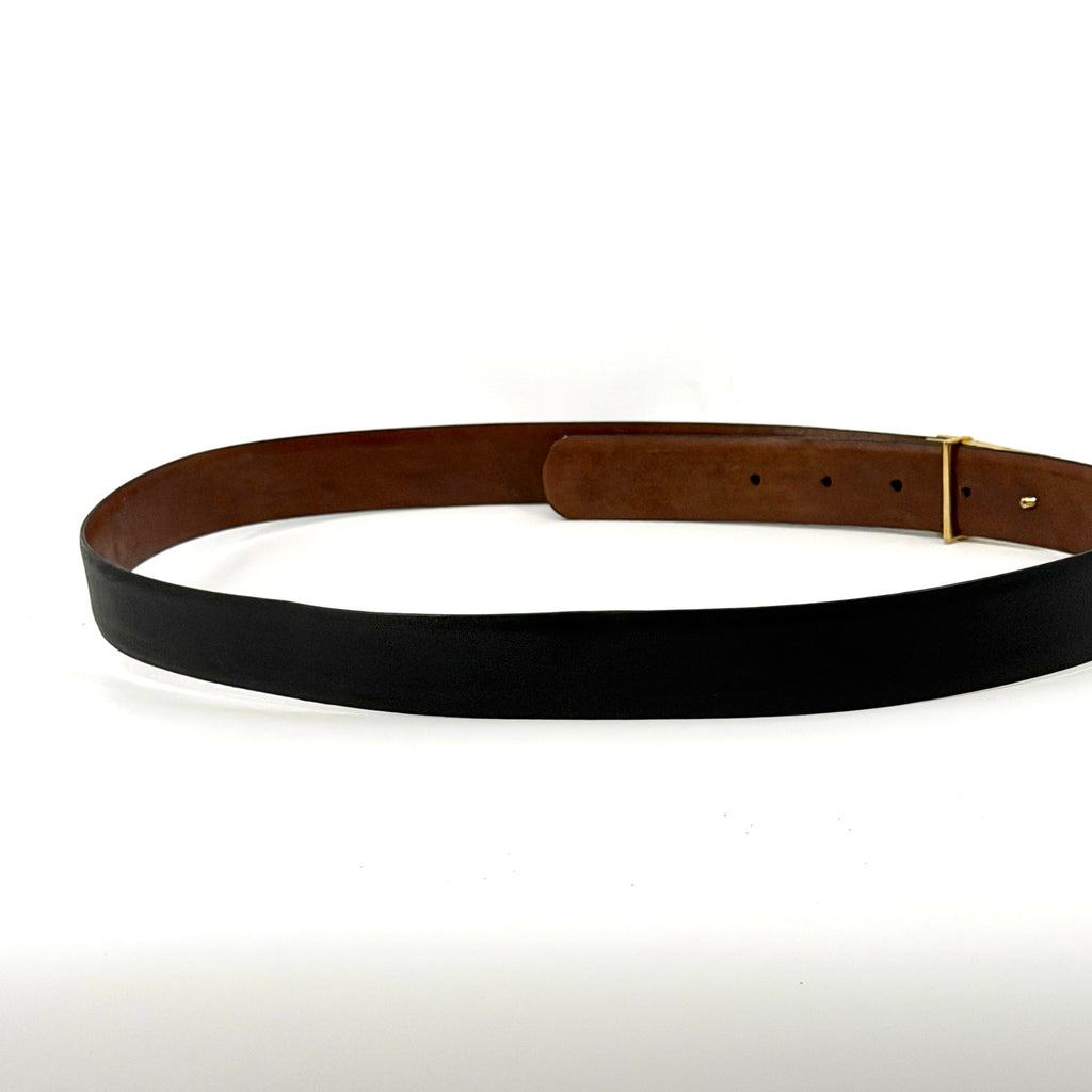 Vintage 80s Pierre Cardin Black Genuine Leather Gold Enamel Buckle Belt