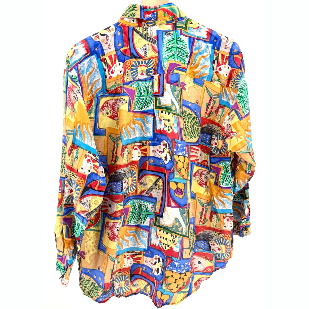 Vintage 90s Compagnie Internationale Whistles 100% Silk Abstract Art Print Shirt