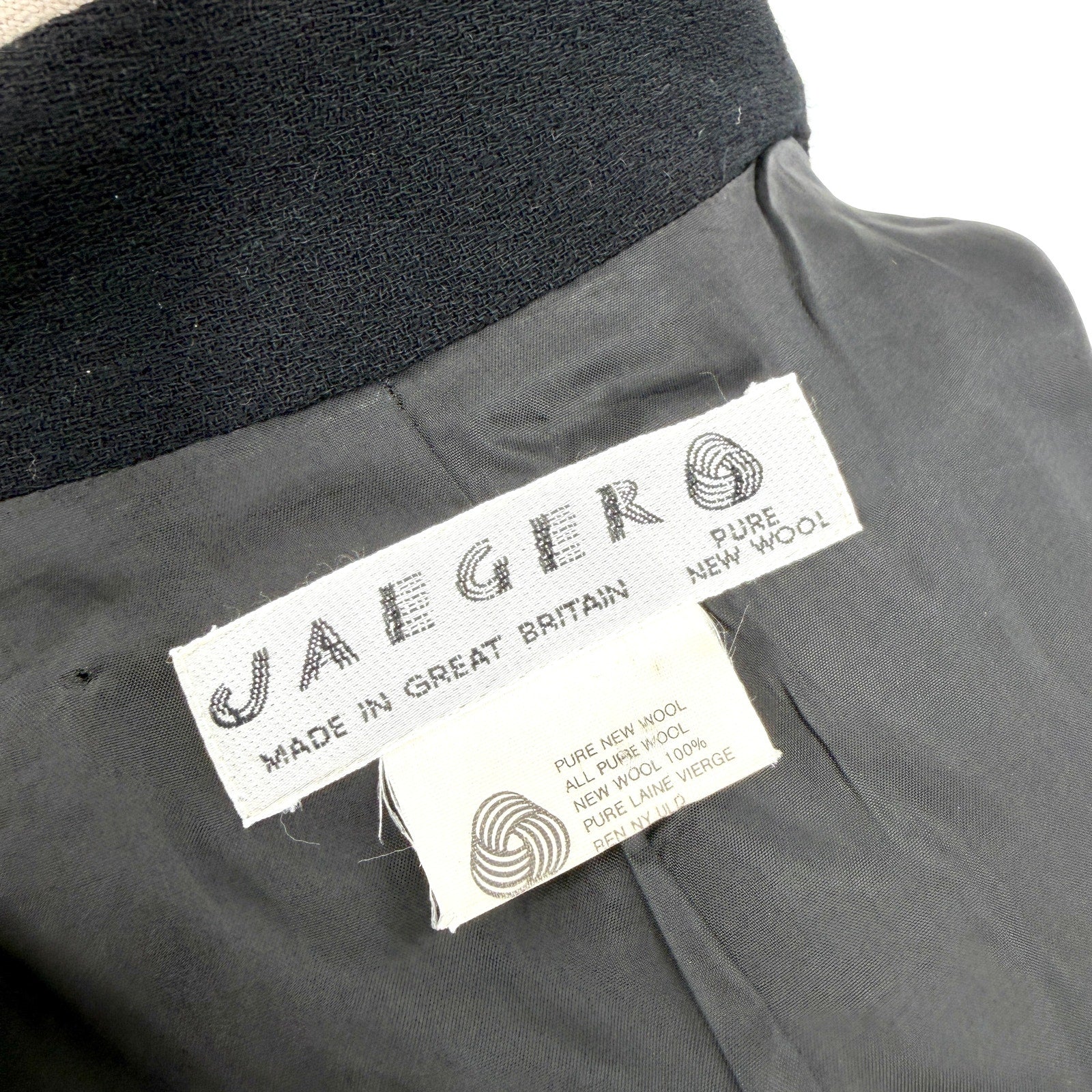 Vintage 90s Jaeger Black 100% Wool Rhinestone Button Wrap Coat Dress