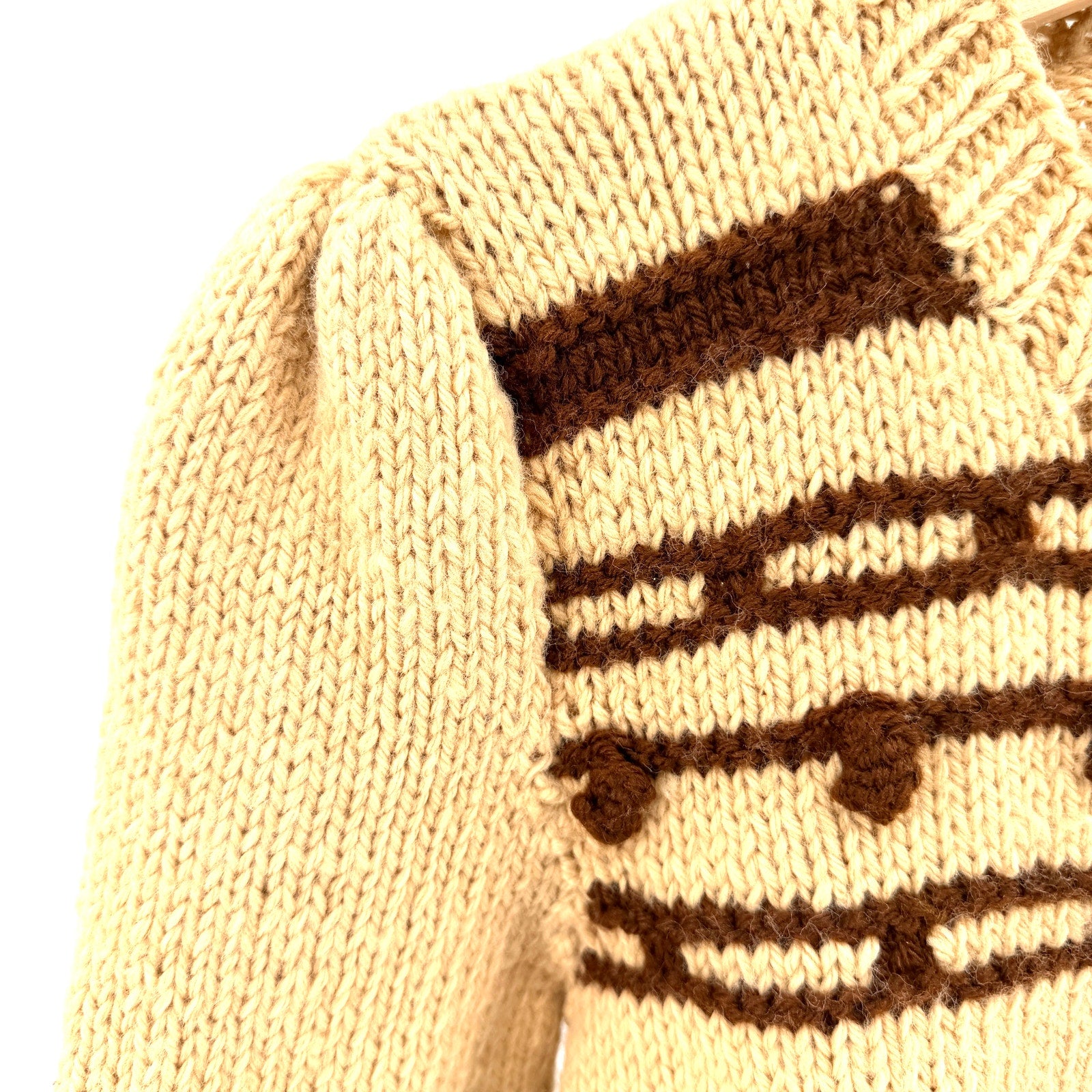 Handmade Vintage 70s Tan Brown Wool Blend Bobble Knit Puff Sleeve Sweater