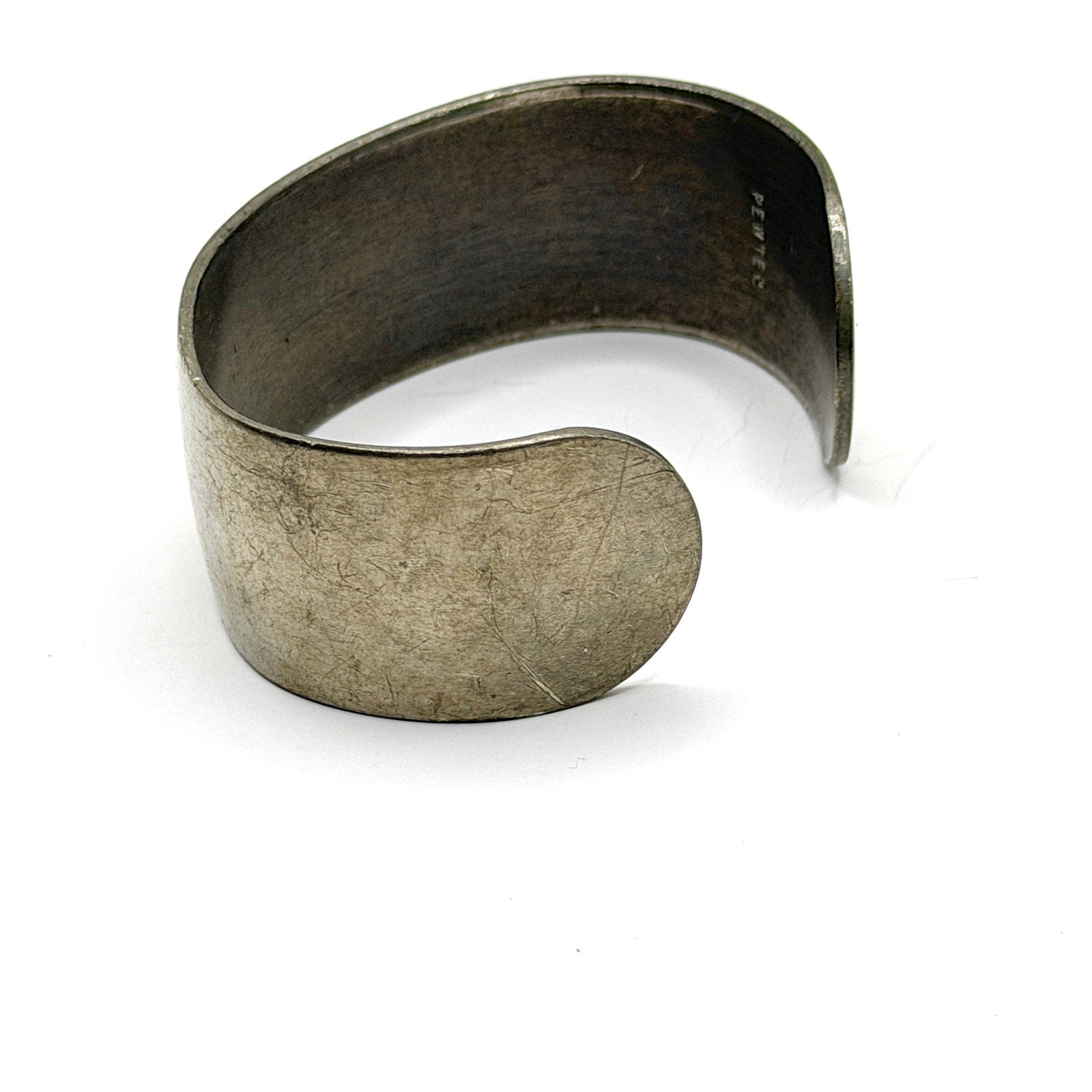 Vintage 70s Matte Pewter Modernist Stamped Wide Cuff Bracelet