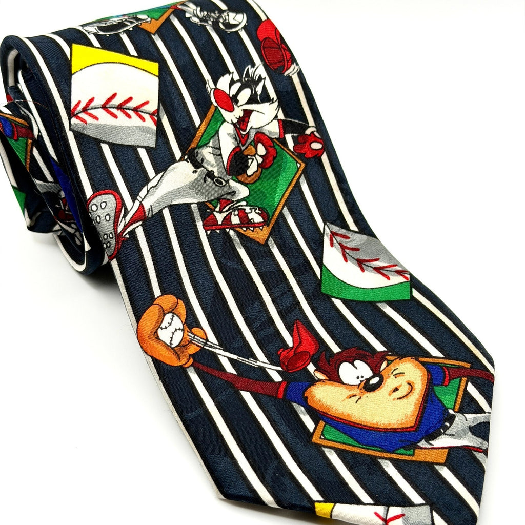 Vintage 90s Looney Tunes Navy Blue Baseball Novelty Necktie