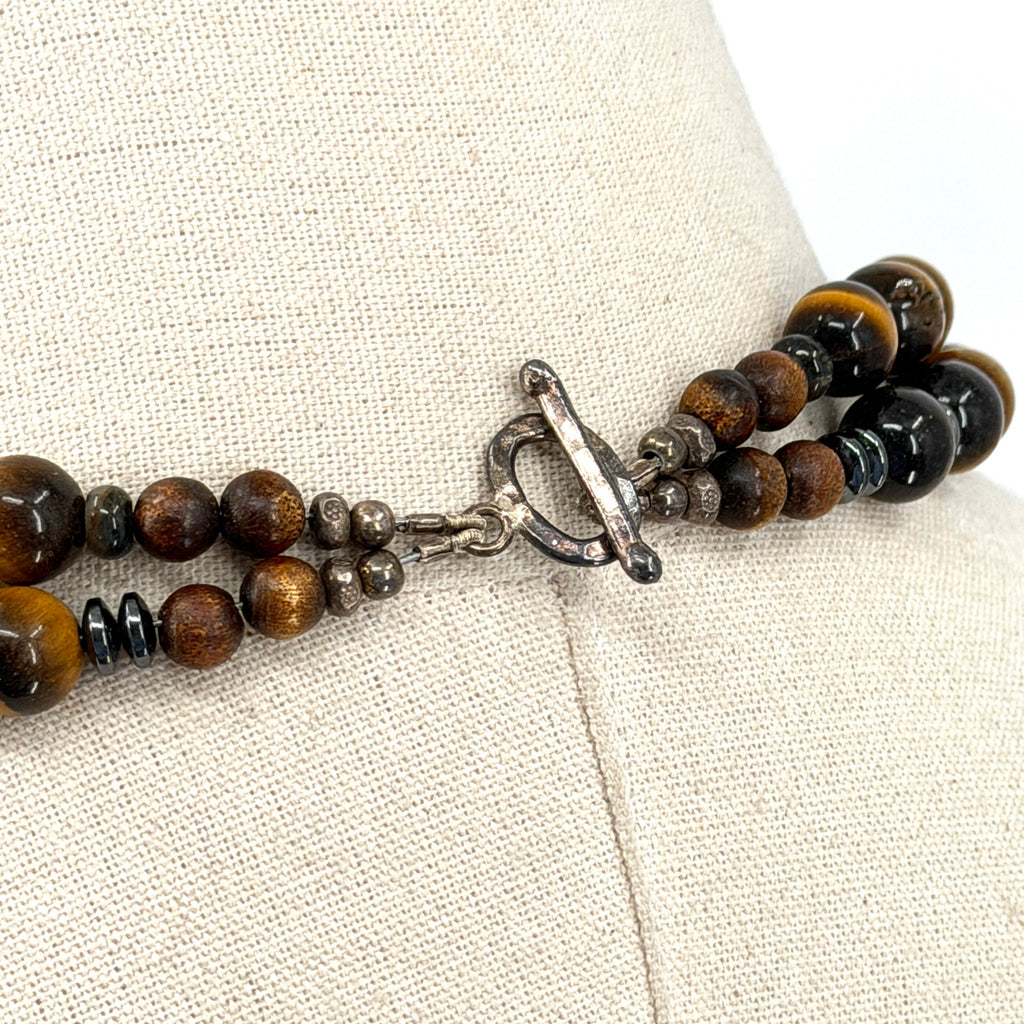 Vintage 90s Tiger's Eye Hematite Double Strand Toggle Statement Necklace