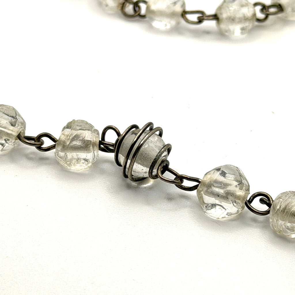 Vintage 90s Clear Glass Wire Wrapped Cage Station Flapper Long Necklace