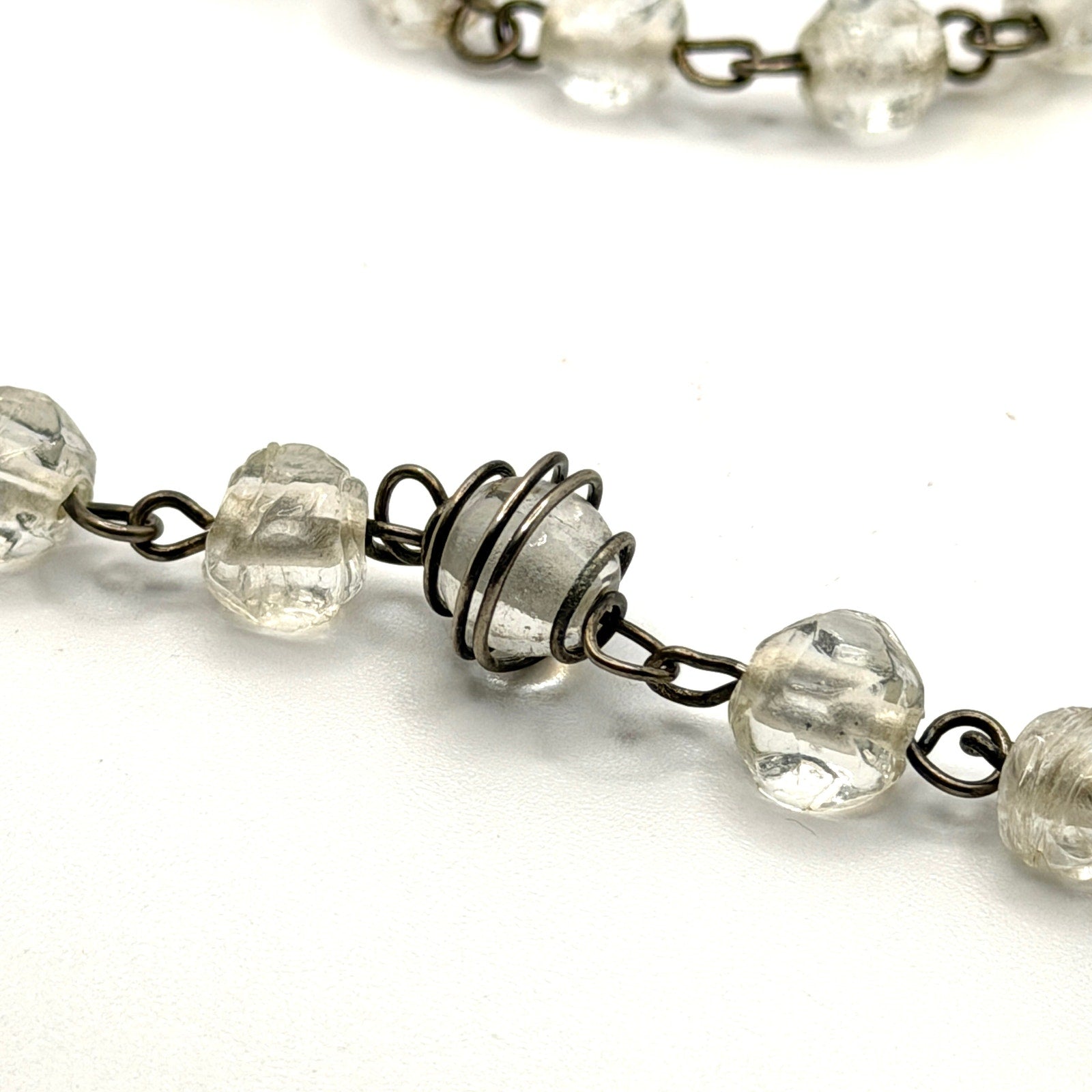 Vintage 90s Clear Glass Wire Wrapped Cage Station Flapper Long Necklace