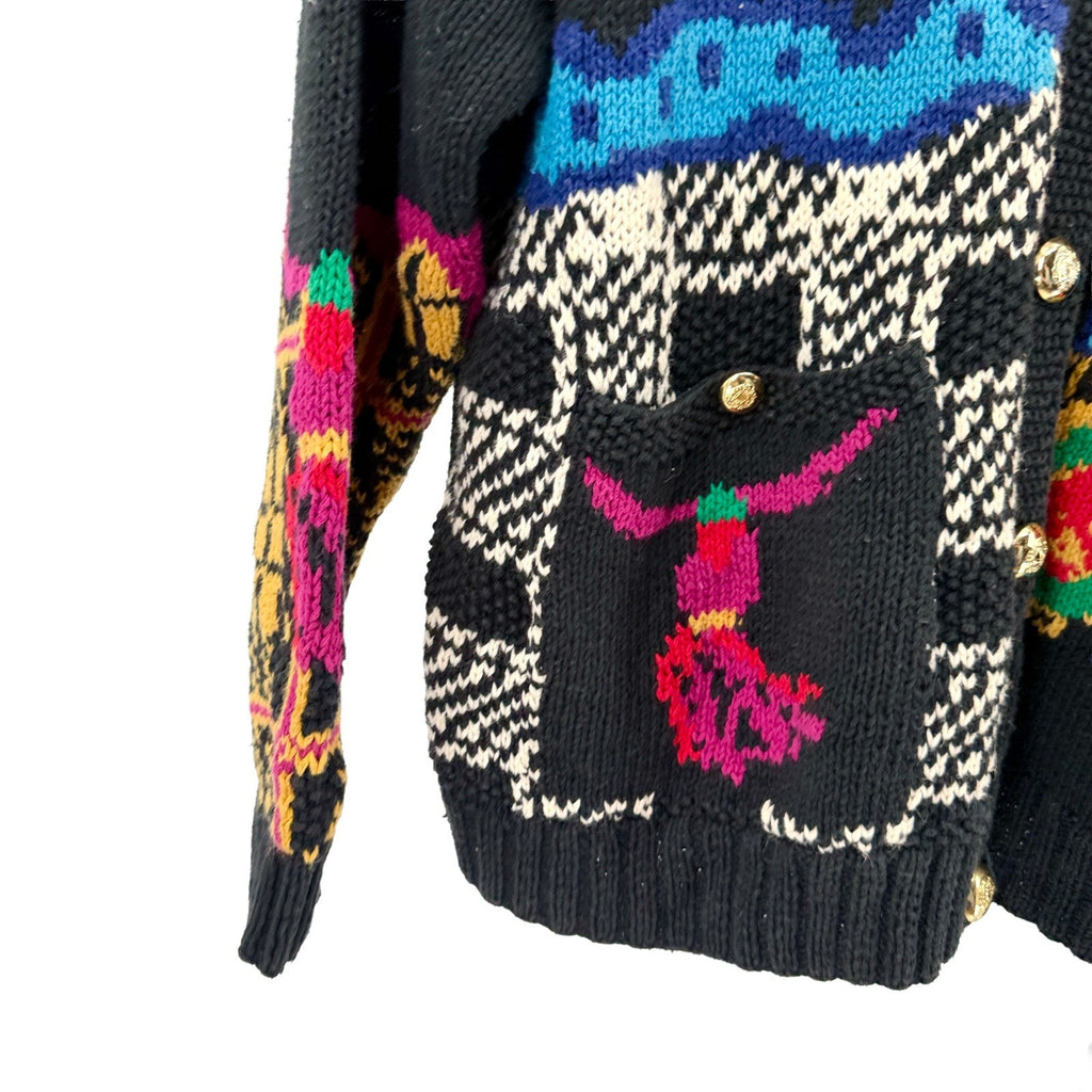Vintage 90s Susan Bristol Black Hand Knit Novelty Intarsia Cardigan