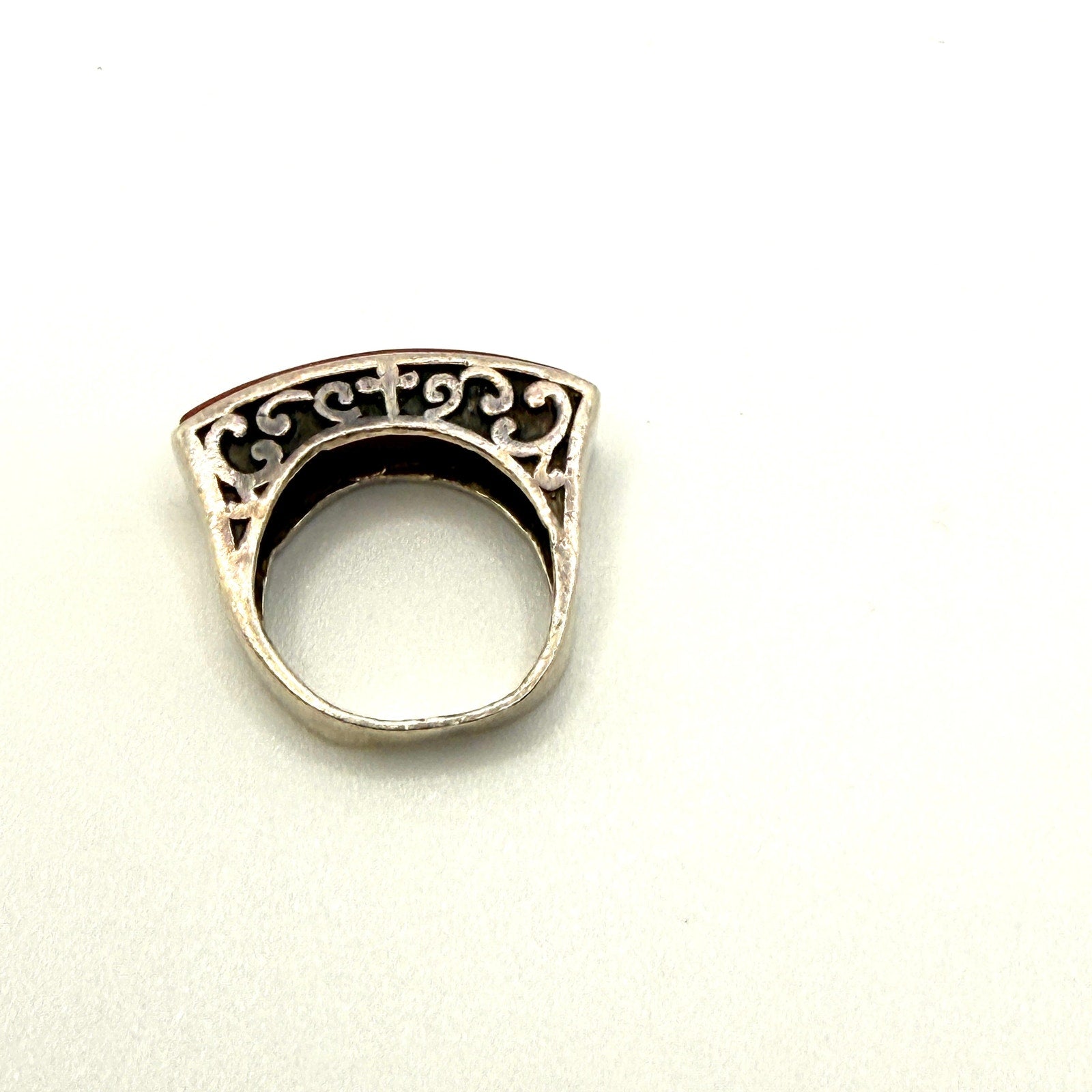 Vintage 80s Red Jasper Sterling Silver Stamped Filigree Cross Arched Ring