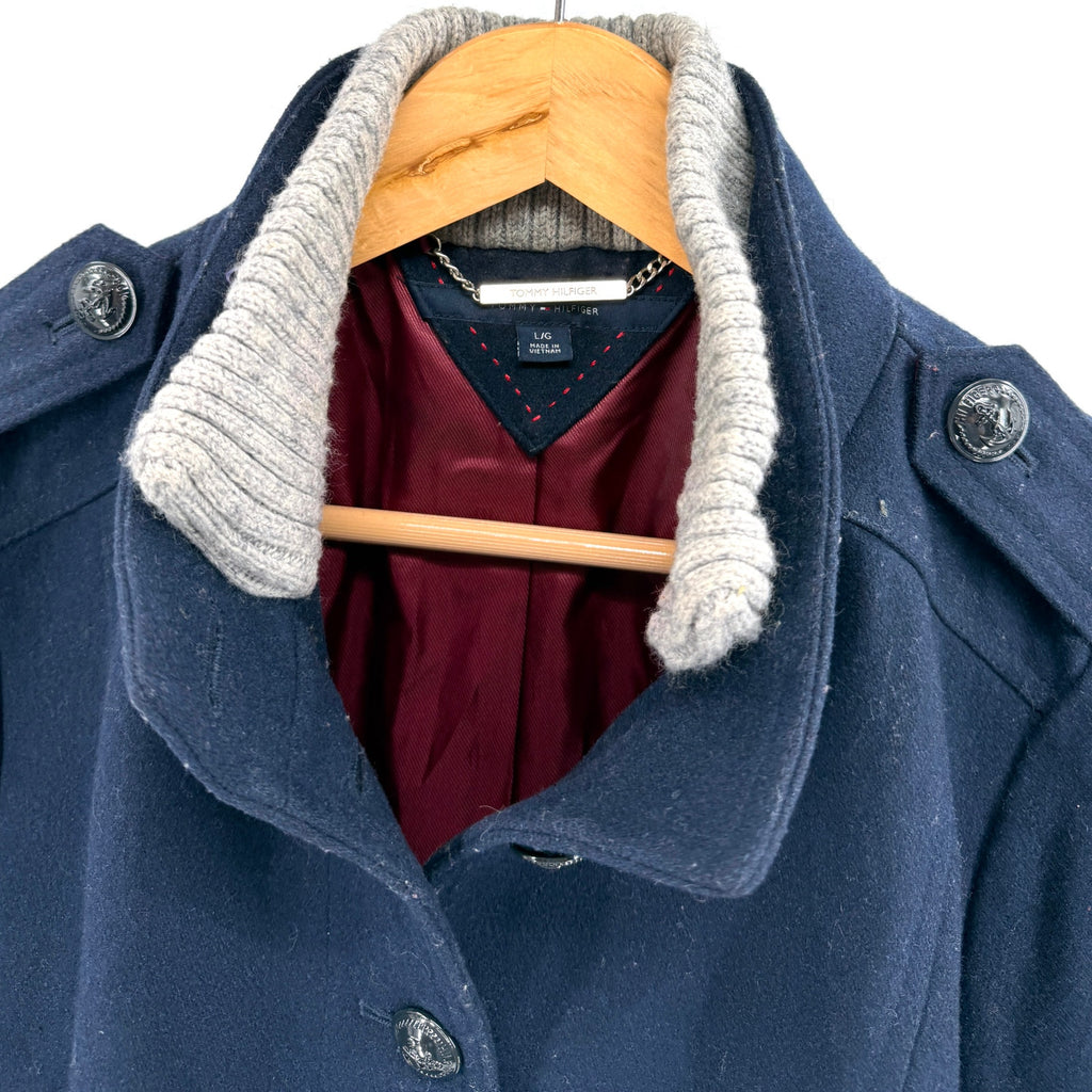 Tommy Hilfiger Navy Blue Grey Knit Trimmed Preppy Peacoat