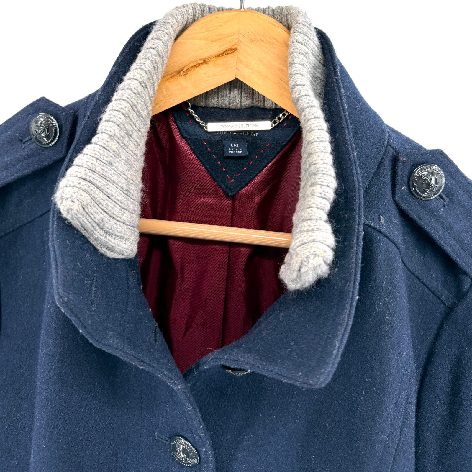 Tommy Hilfiger Navy Blue Grey Knit Trimmed Preppy Peacoat