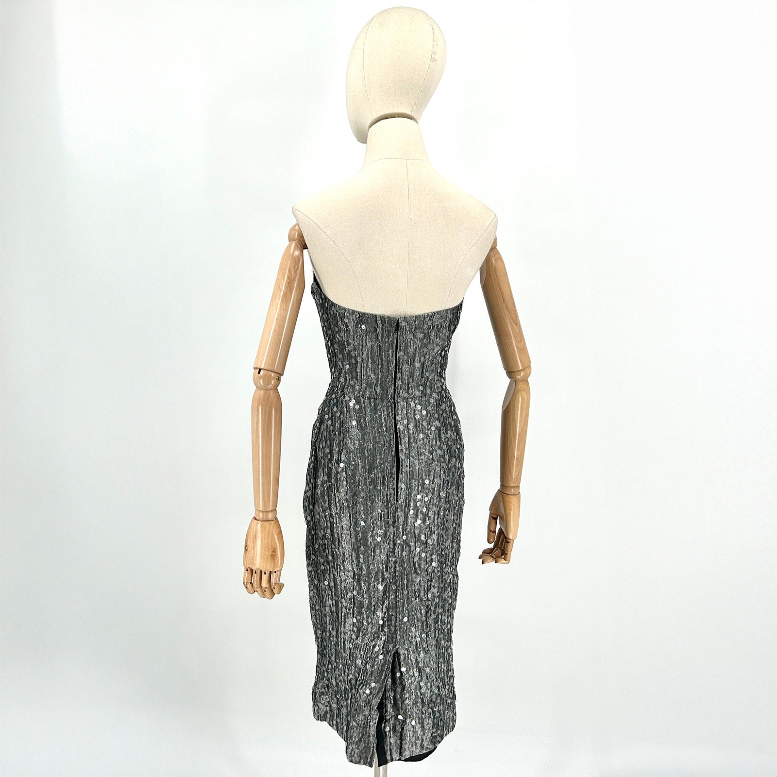 Vintage 90s Jacques Azagury Silver Metallic Sequin Silk Strapless Boned Dress