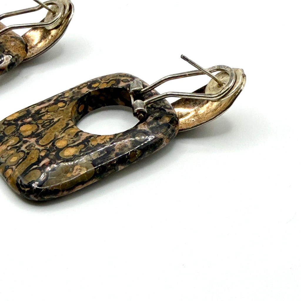 Vintage 90s Sterling Silver Leopard Skin Jasper Cutout Dangle Earrings