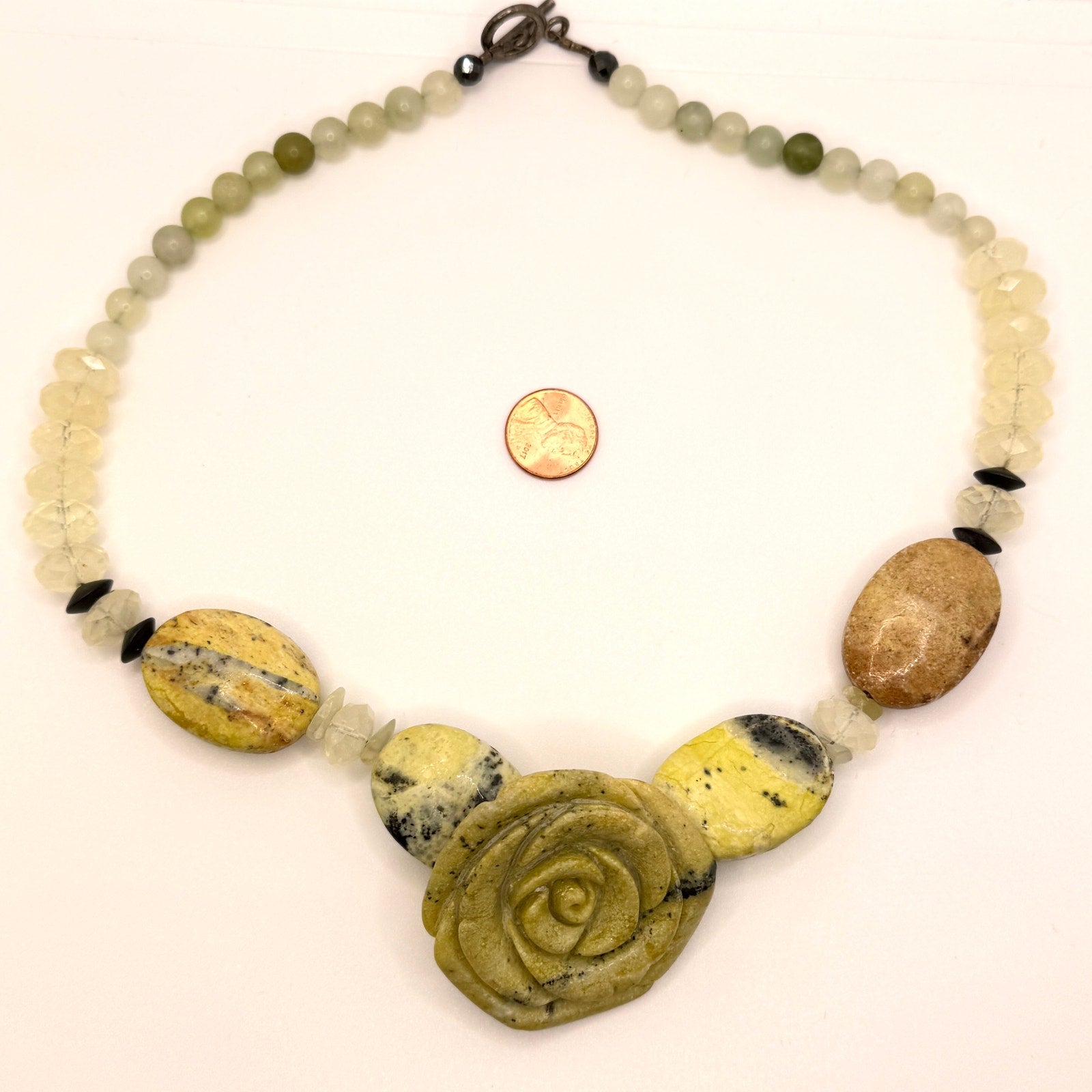 Vintage 90s Yellow Carved Stone Rose Jasper Beaded Boho Chunky Toggle Necklace