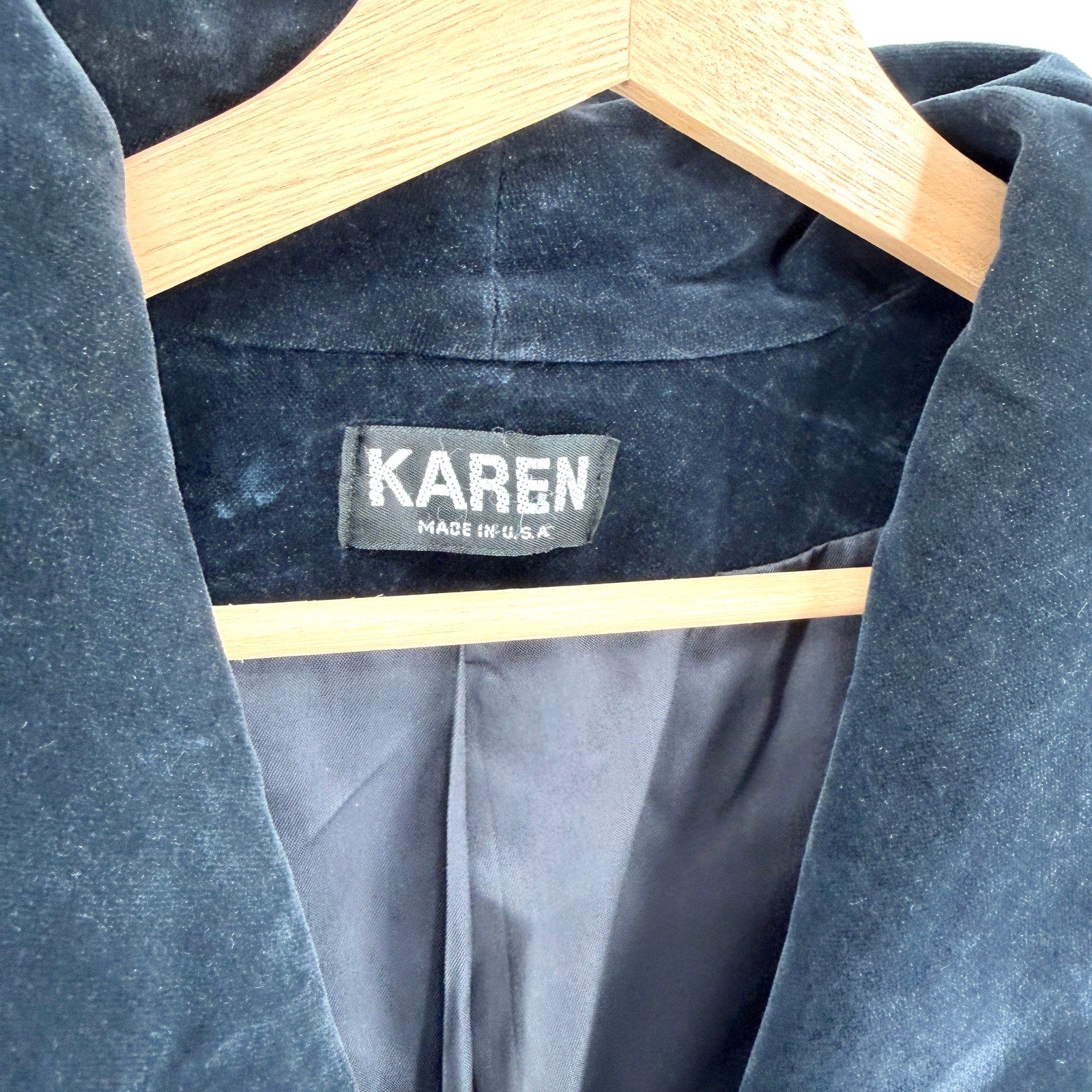 Vintage 80s Karen Navy Blue 100% Wool Velvet Double Breasted Overcoat Jacket