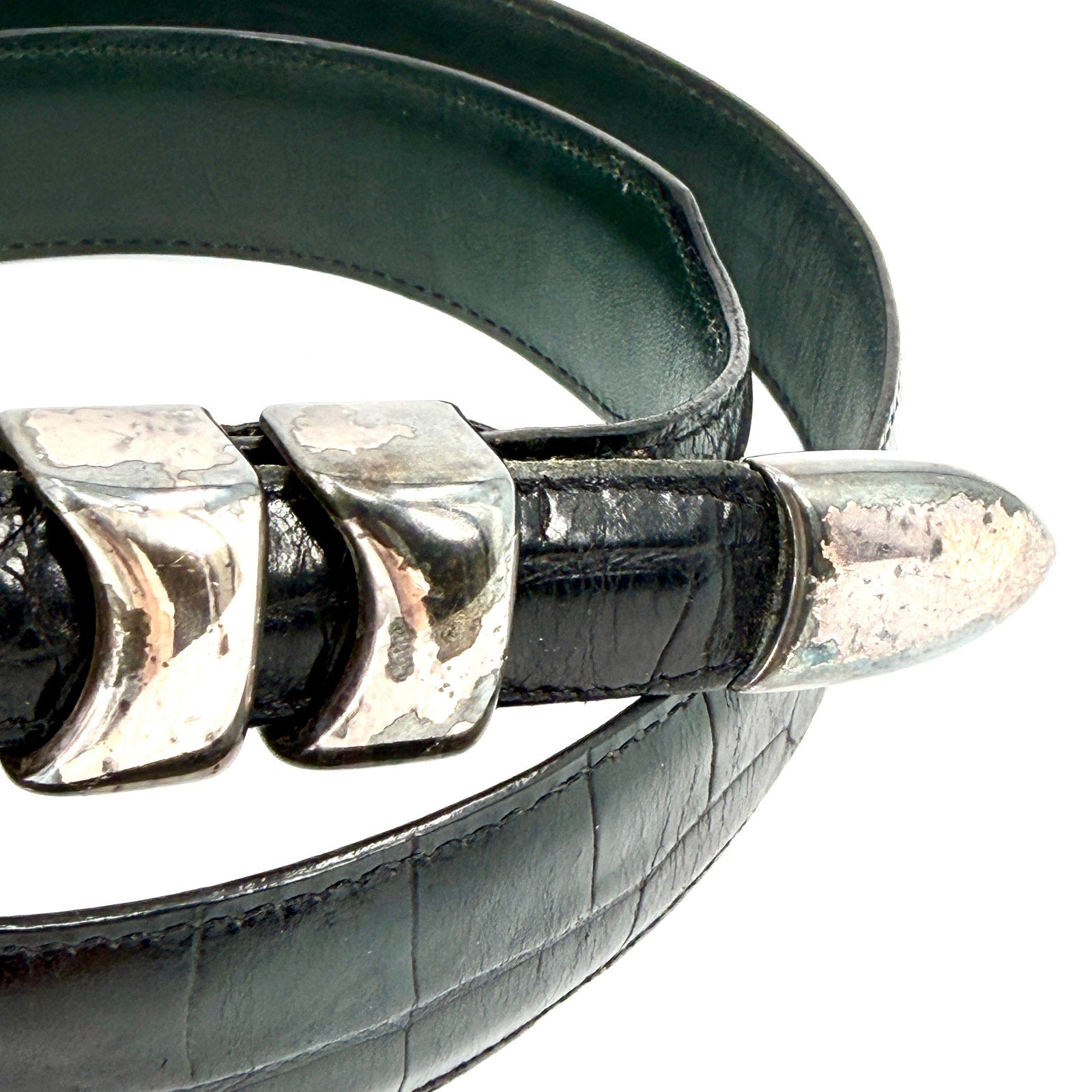 Vintage 90s Black Genuine Leather Croc Embossed Silver Tipped Belt