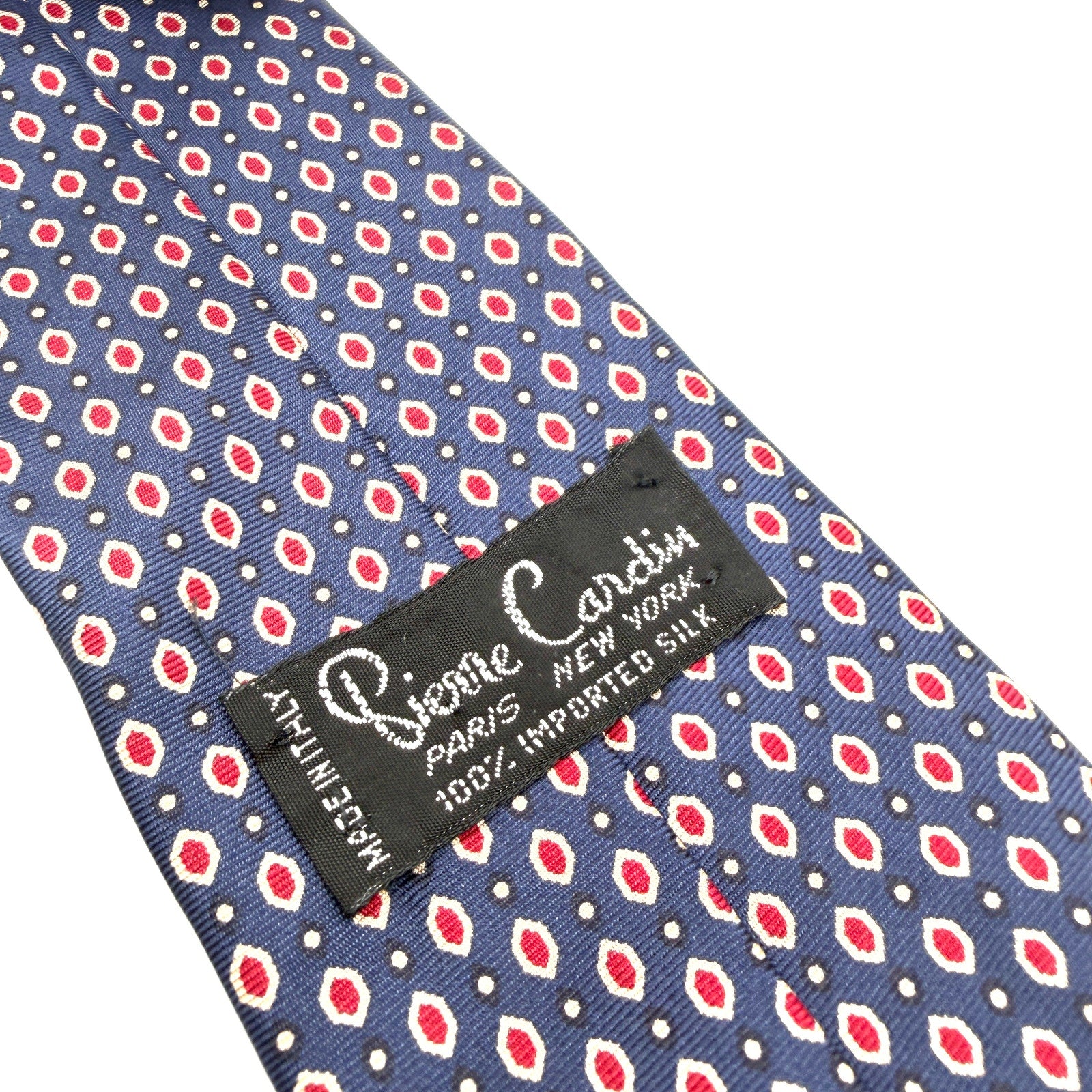 Vintage 90s Pierre Cardin Navy Blue Red 100% Silk Geometric Deadstock Necktie