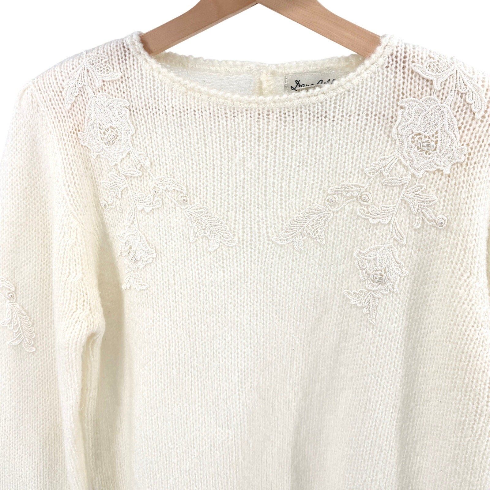 Vintage 90s Dana Ashley Cream Lace Pearl Keyhole Sweater Top