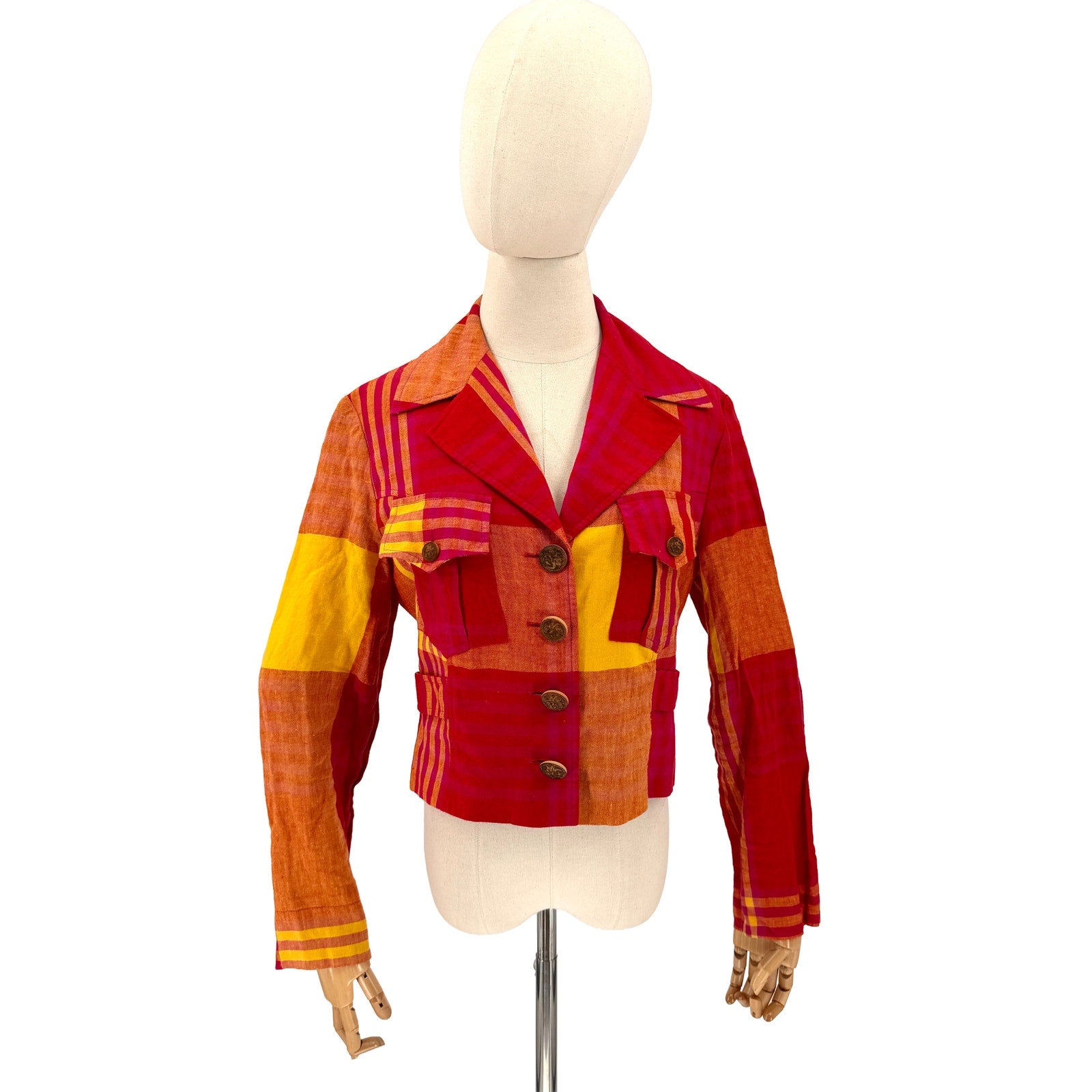 Vintage 90s Christian Lacroix Red Yellow Plaid 100% Linen Crop Jacket