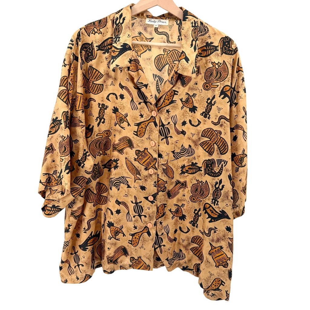 Vintage 90s Lady Bear Tan 100% Silk Southwestern Tribal Shirt