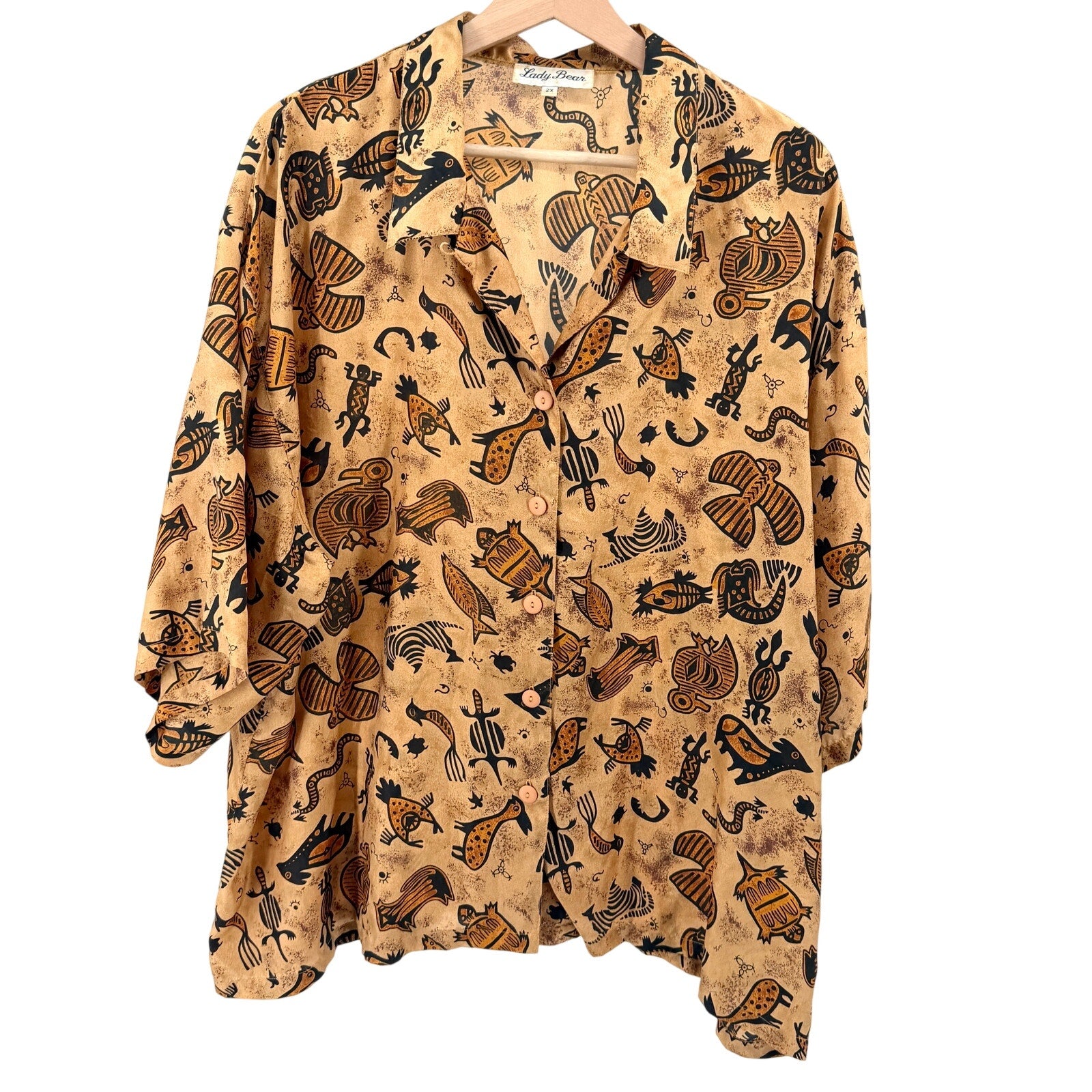 Vintage 90s Lady Bear Tan 100% Silk Southwestern Tribal Shirt