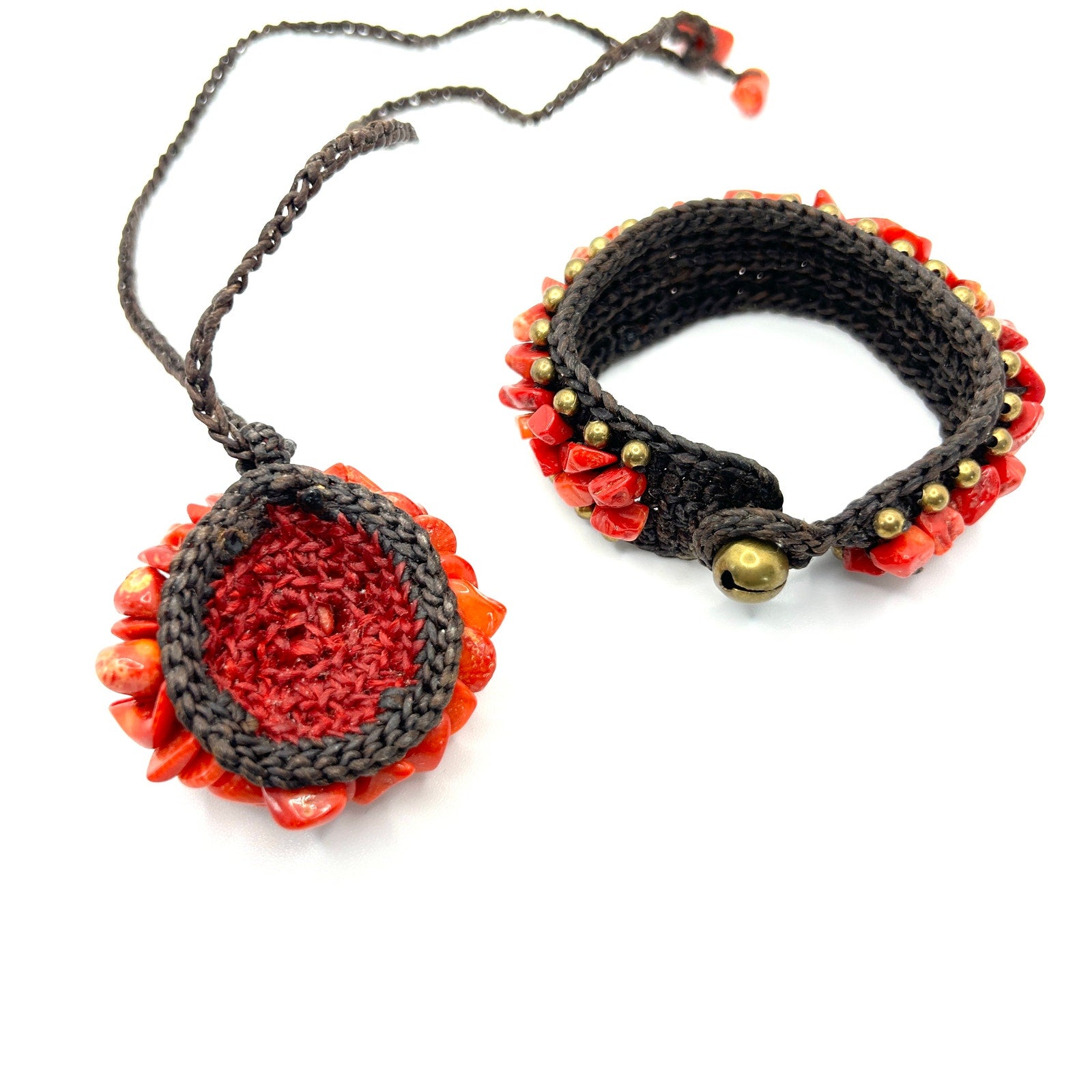 Vintage 90s Genuine Coral Red Nugget Pendant Necklace Bracelet Cuff Set