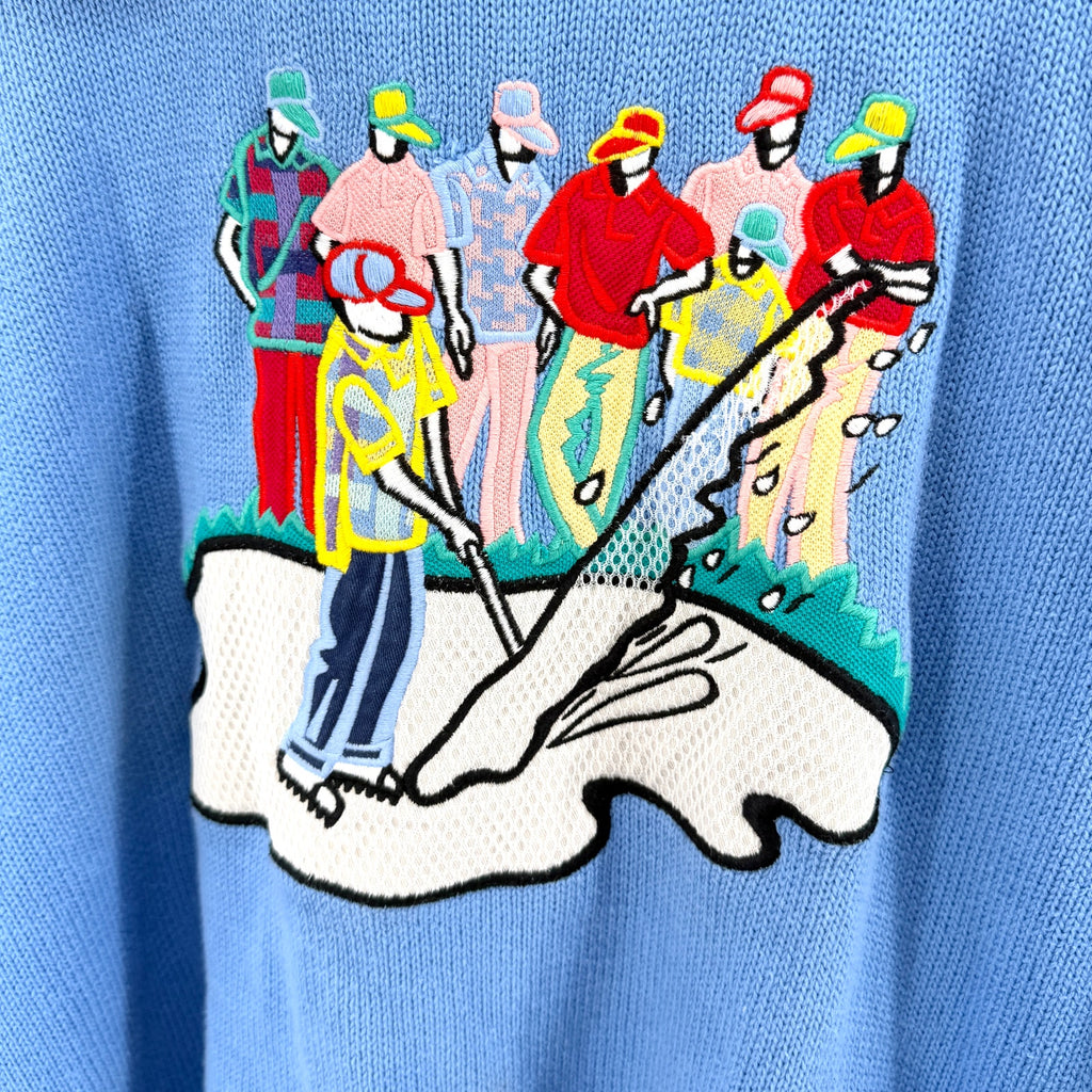 Vintage 90s Pivot Sportware Blue 100% Cotton Novelty Golf Crewneck Sweater