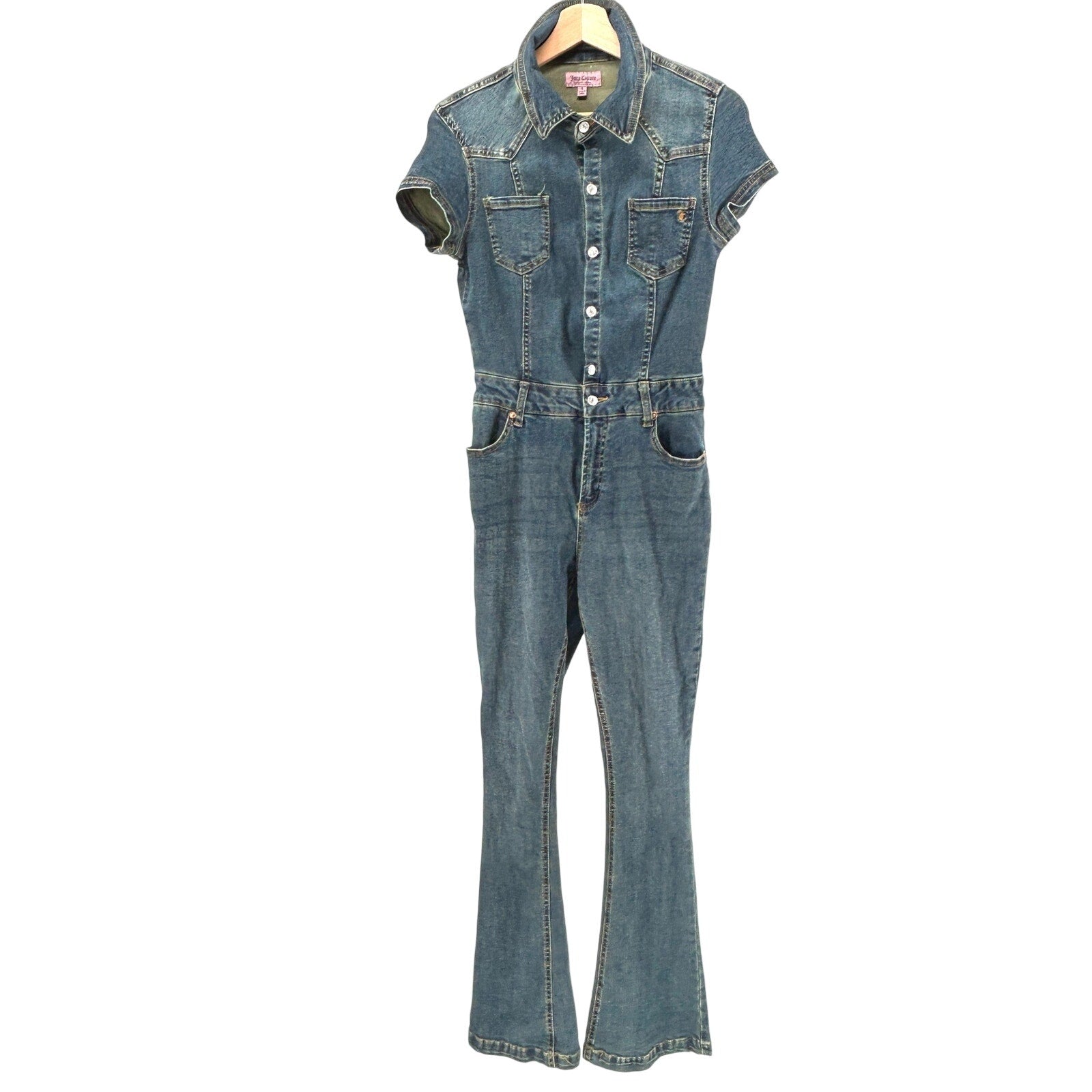 Vintage Y2K Juicy Couture Blue Denim Flared Leg Short Sleeve Jumpsuit