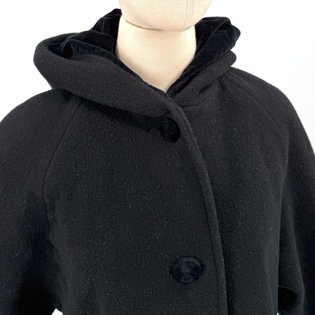 Vintage 90s Worthington Black 100% Wool Velvet Trim Hooded Long Overcoat