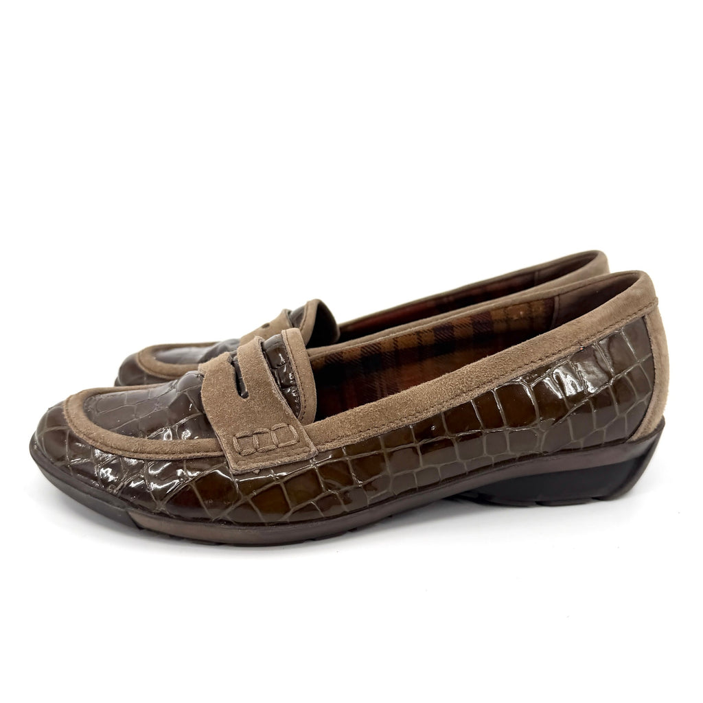 Vintage Y2K Aquatalia Brown Patent Leather Croc Suede Penny Loafers