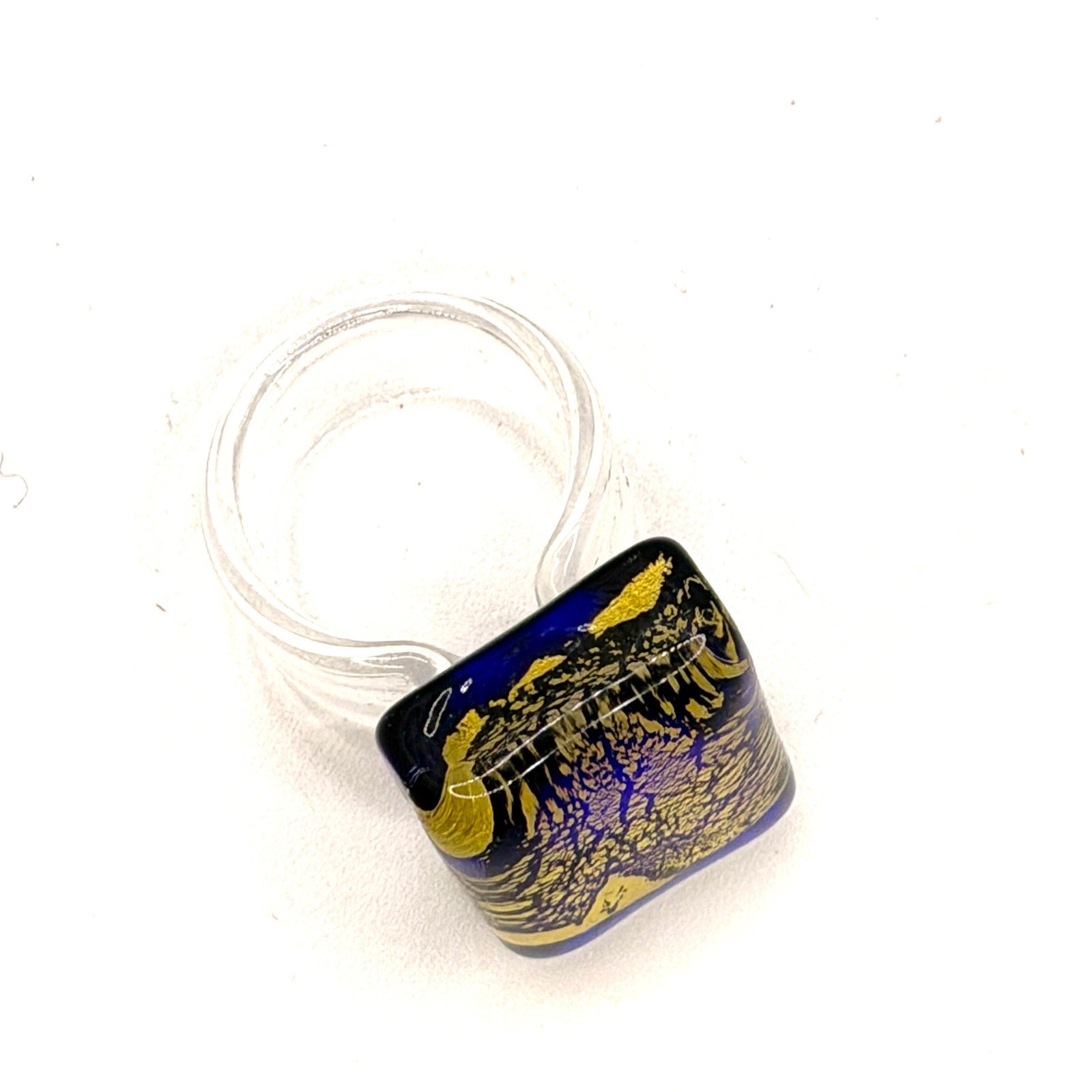 Vintage 90s Handblown Cobalt Blue Gold Foil Abstract Glass Modernist Ring
