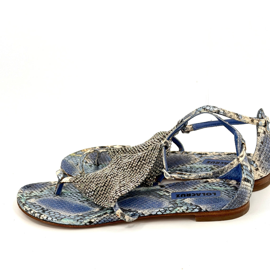 Lola Cruz Blue Snakeskin Genuine Leather Crystal Mesh Thong Sandals