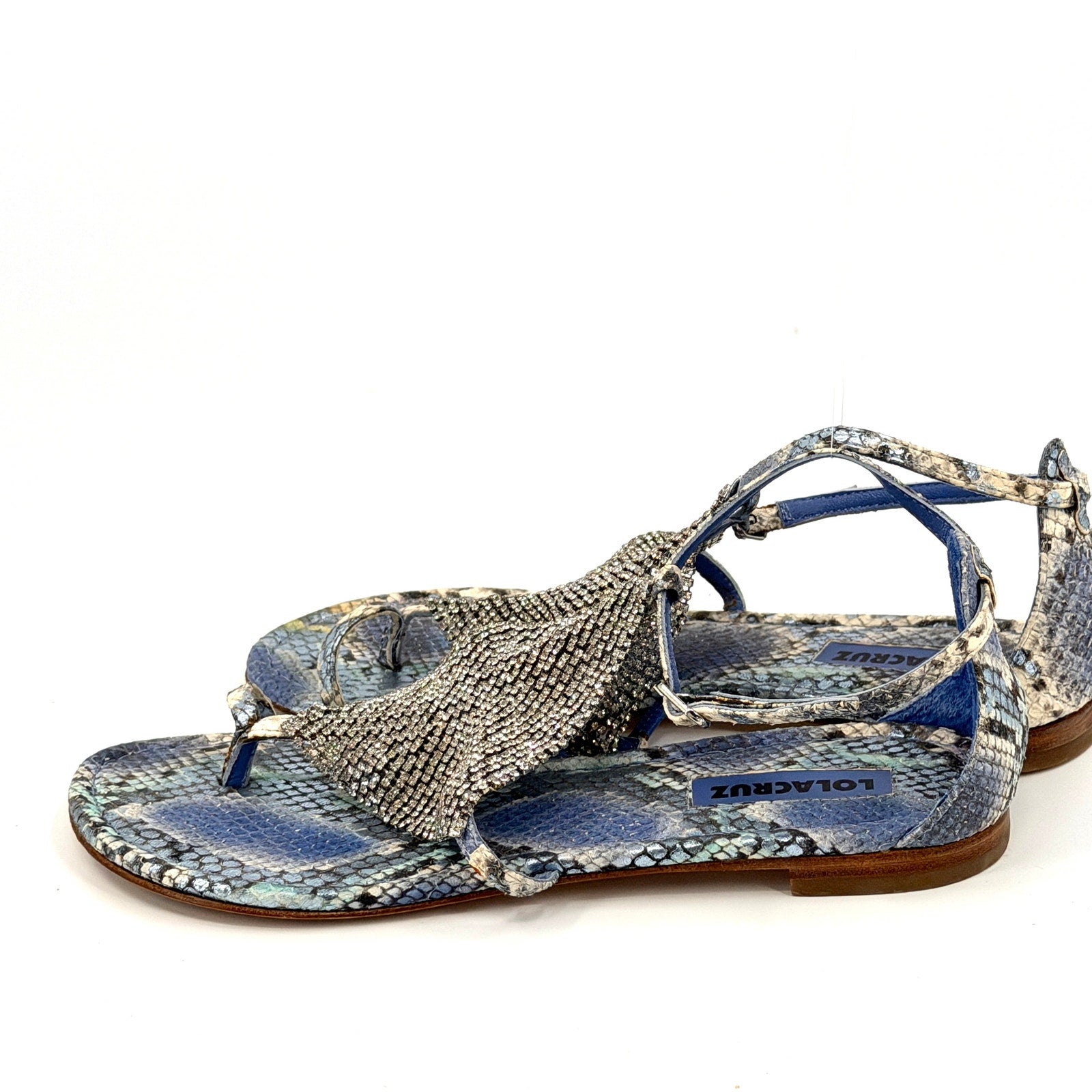 Lola Cruz Blue Snakeskin Genuine Leather Crystal Mesh Thong Sandals