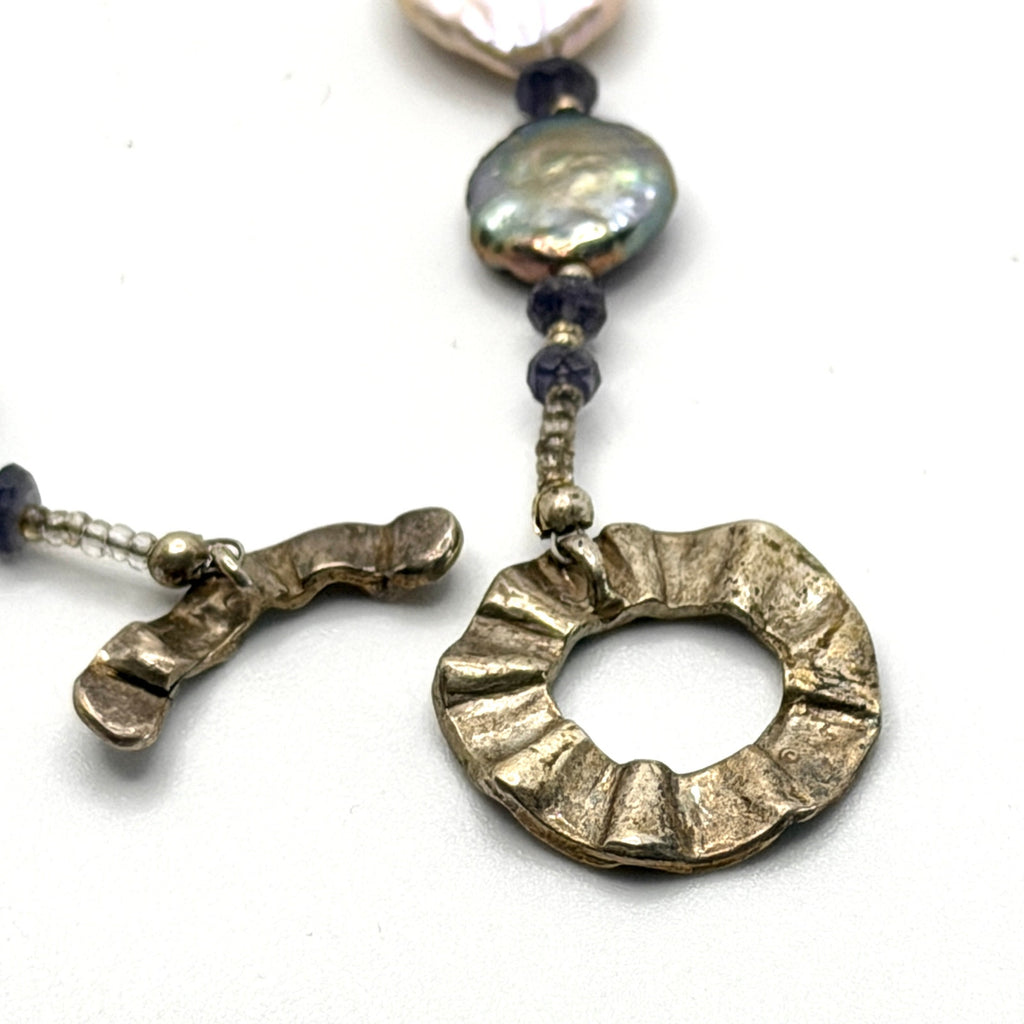 Vintage 90s Genuine Freshwater White Grey Coin Pearl Toggle Statement Necklace