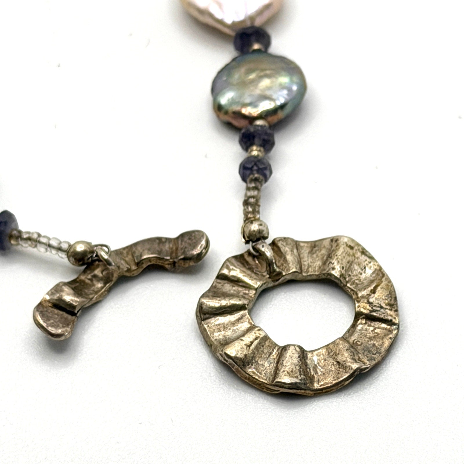 Vintage 90s Genuine Freshwater White Grey Coin Pearl Toggle Statement Necklace