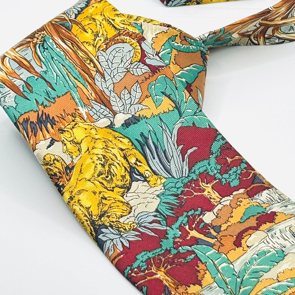 Vintage 90s Pure Silk Red Maroon Yellow Lion Tiger Print Necktie