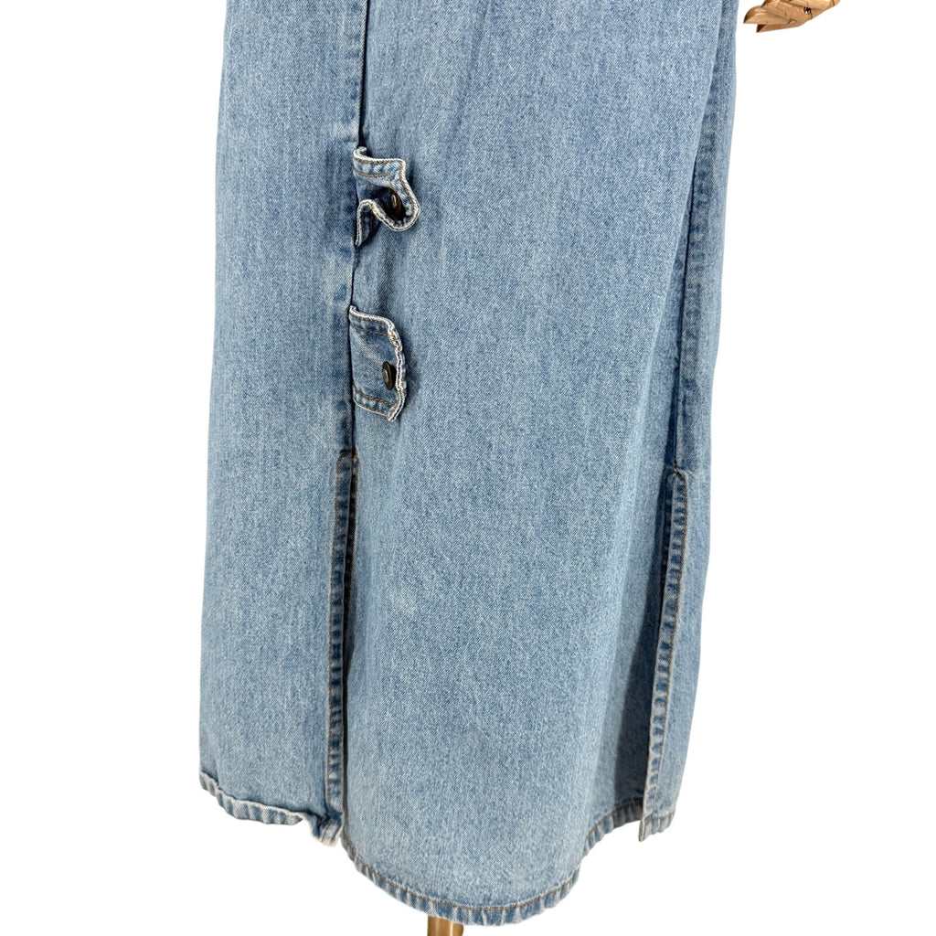 Vintage 90s Jane Ashley Blue Cotton Pink Floral Embroidered Denim Maxi Dress