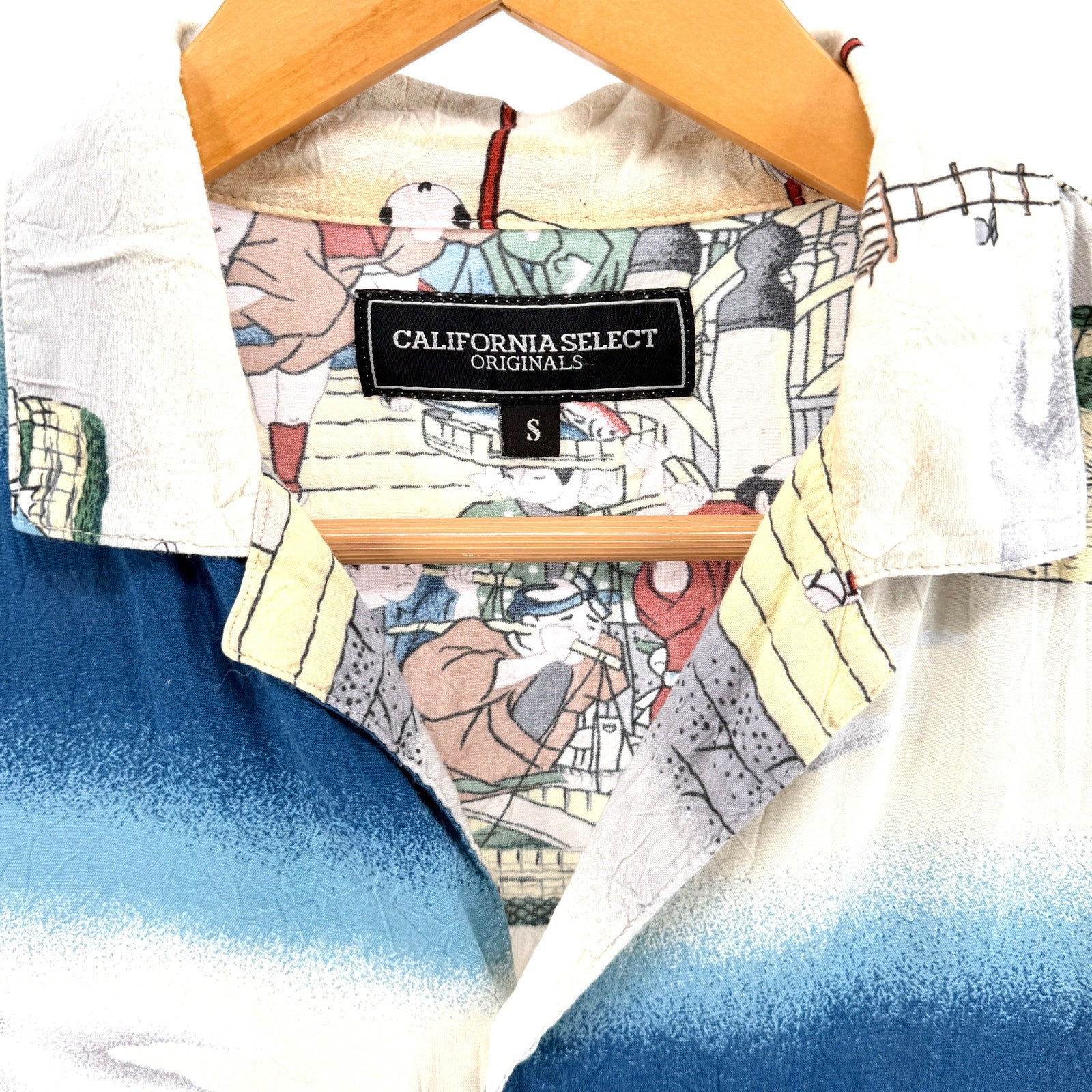California Select Originals Japanese Fishing Village Print Rayon Button Down