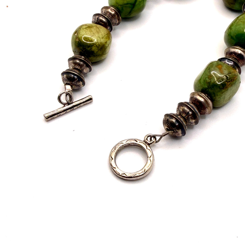 Vintage 90s Southwestern Green Gaspeite Stamped Silver Chunky Toggle Bracelet