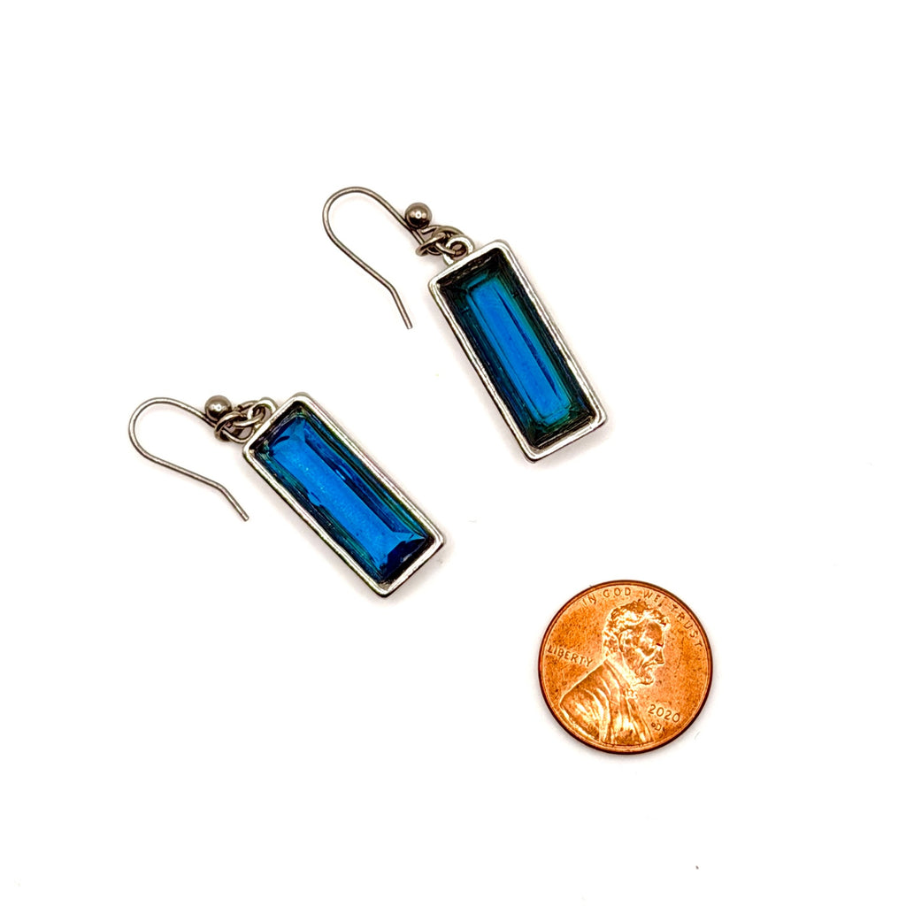 Vintage Y2K Oceanic Blue Glass Minimalist Geometric Rectangle Drop Earrings