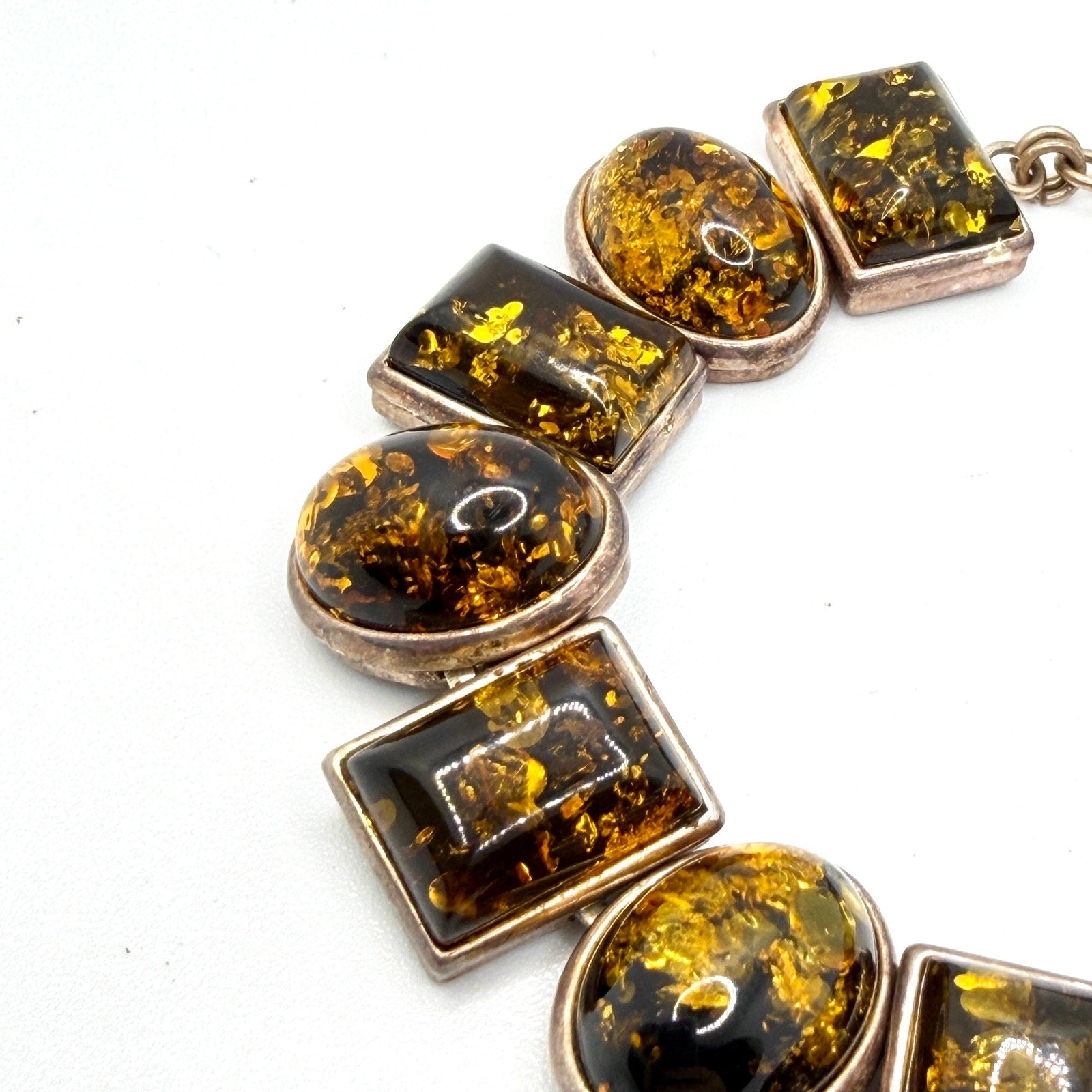 Vintage 90s Stamped Sterling Silver Green Amber Oval Rectangle Link Bracelet