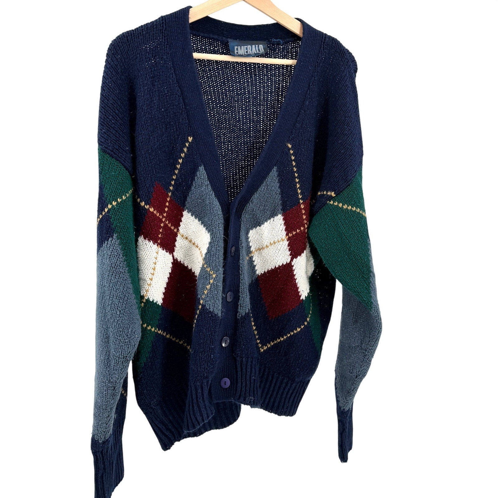 Vintage 90s Emerald Club Navy Blue Argyle Grunge Button Front Cardigan Sweater